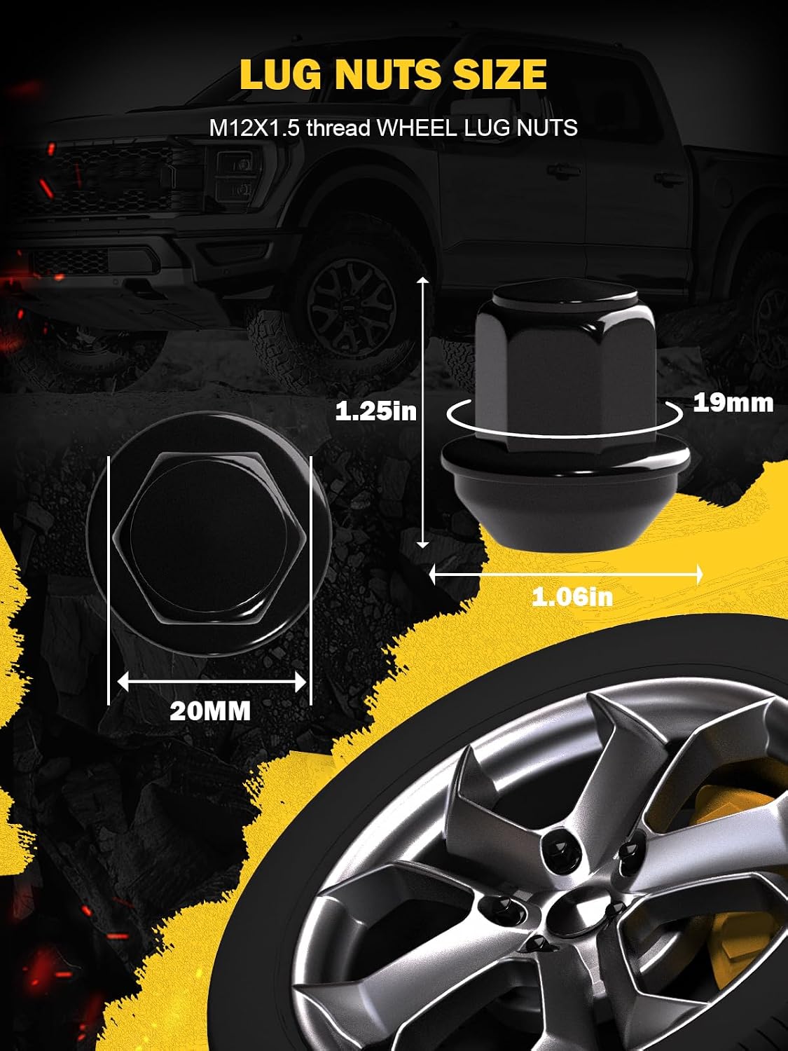 TIROL Black 20pcs M12X1.5 Lug Nuts, Compatible with 2012-2020 Fusion/2013-2022 Escape/2009-2018 Focus, One-Piece Design Factory Acorn Wheel Lug Nuts - 1.25" Height 3/4" Hex