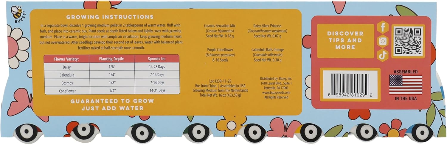 BUZZY Seeds Mini Ceramic Flower Bus Grow Kit, 4-Pack – Colorful Retro Bus Planters with Daisy, Cosmos, Calendula & Coneflower Seeds, All-in-One Seed Starter Gift Set