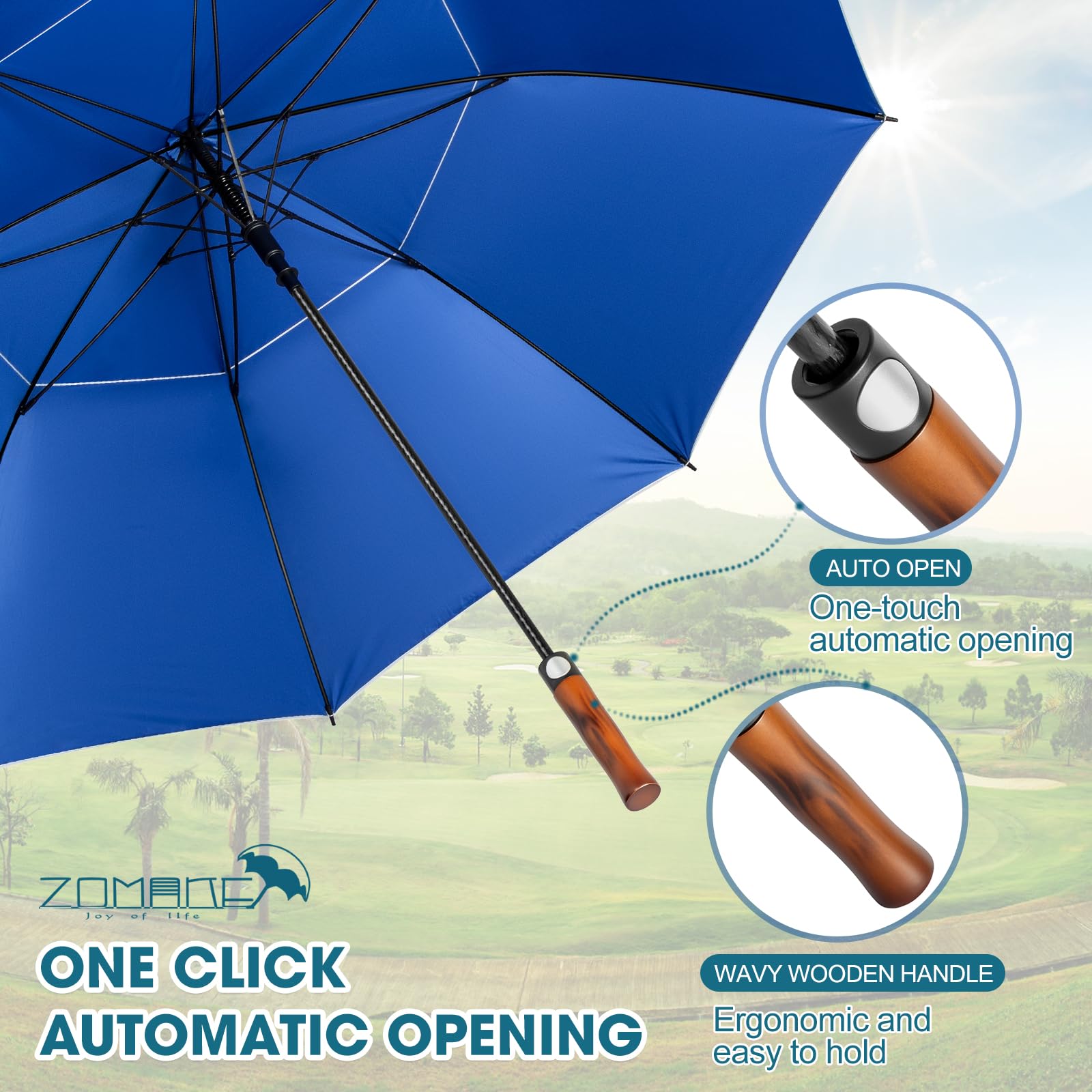ZOMAKE 62/68 Pouces Ombrelle Anti UV Grand Parapluie Golf Anti Tempête Homme Femme XXL Manche Bois Ondulé Double Canopée Ventilée