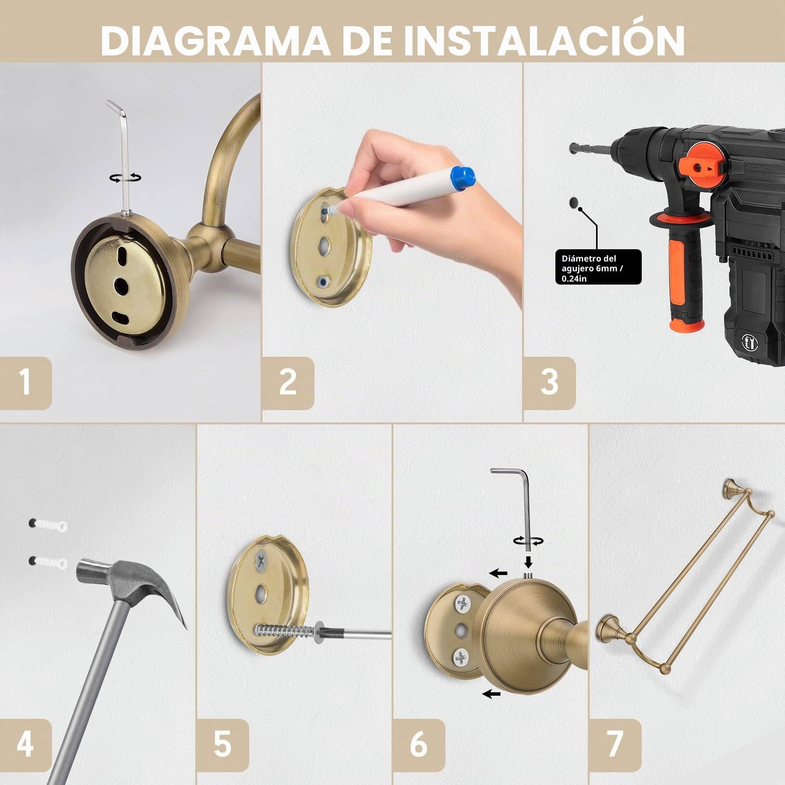 Toalleros de Baño con Taladro, 60 cm Toallero de Latón Montado en La Pared, Toallero con Montaje Doble Requiere Taladrar, Antioxidante y Resistente a los Arañazos, Apto para Baño y Cocina