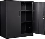 Yizosh Armoire de rangement de garage en métal avec 2 Portes et 2 Tablettes réglables - 35.4" Armoire de fichiers verrouillables en acier, Armoire pour comptoir de rangement pour le bureau intérieur,Garage,Gym,École(Noir)