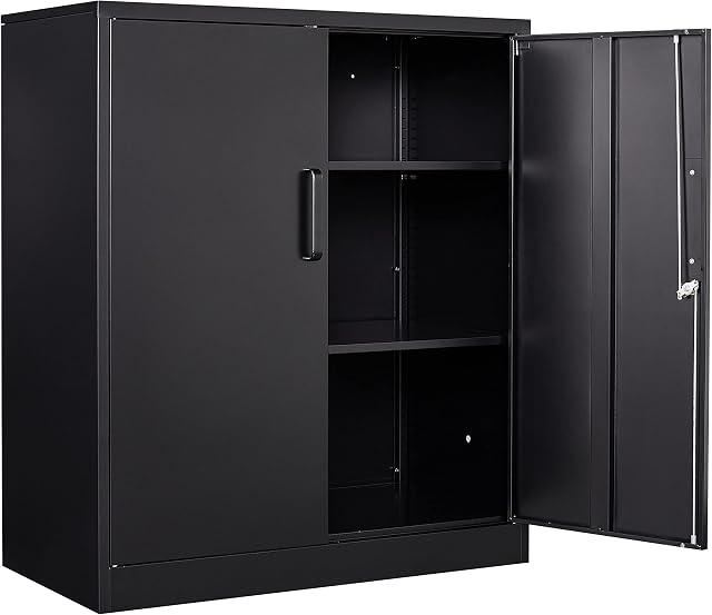 Yizosh Armoire de rangement de garage en métal avec 2 Portes et 2 Tablettes réglables - 35.4" Armoire de fichiers verrouillables en acier, Armoire pour comptoir de rangement pour le bureau intérieur,Garage,Gym,École(Noir)