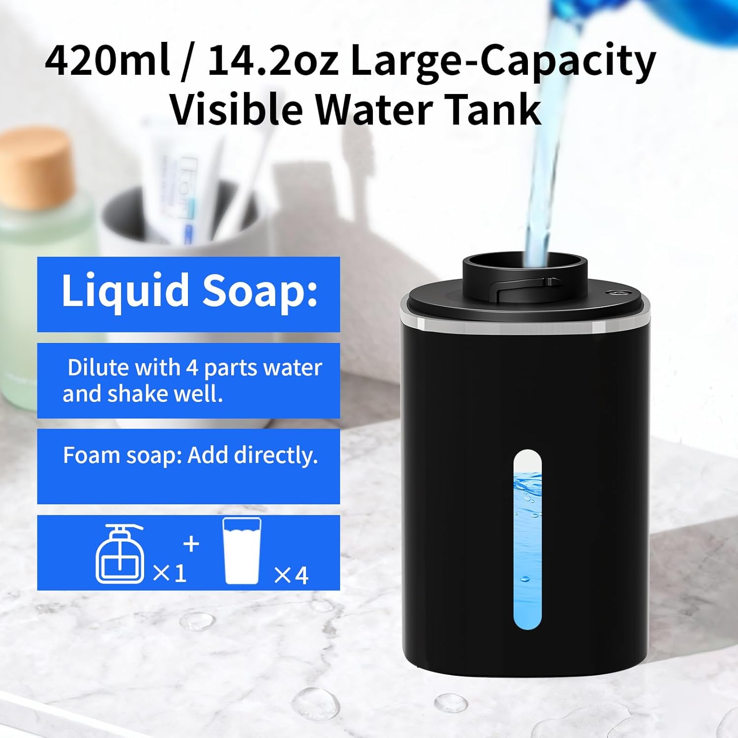 Automatic Foaming Soap Dispenser, Touchless Hand Soap Dispenser, USB Rechargeable, 4 Adjustable Levels, 14.2 oz (420 ml) Large Capacity, for Bathroom, Kitchen & School (Black, Foaming) - Image 5