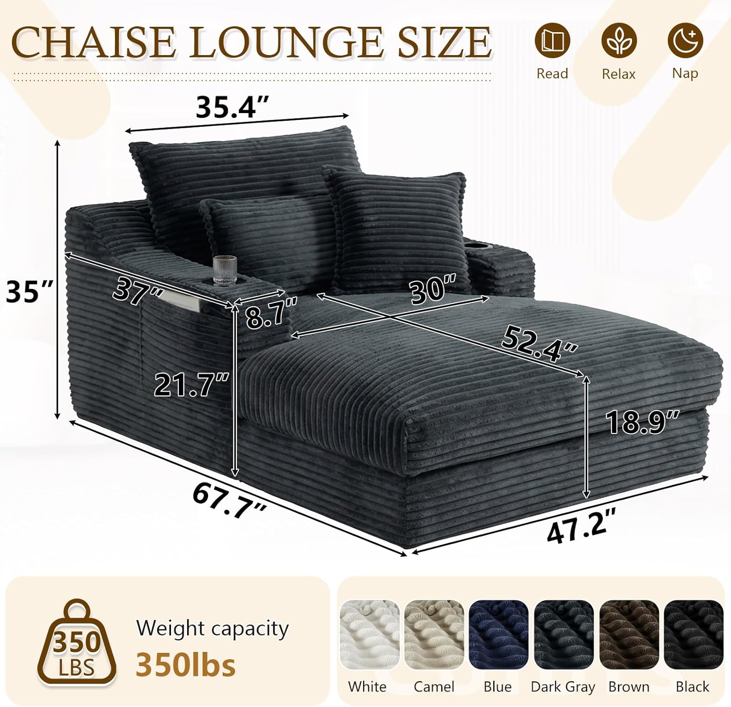 68" Oversized Chaise Lounge Chair Indoor, Upholstered Boneless Cloud Couch Chair with Side Pockets Pillows Cup Holders, Comfy Corduroy Sofa Bed Sleeper Couch for Living Room No Assembly Require,Grey