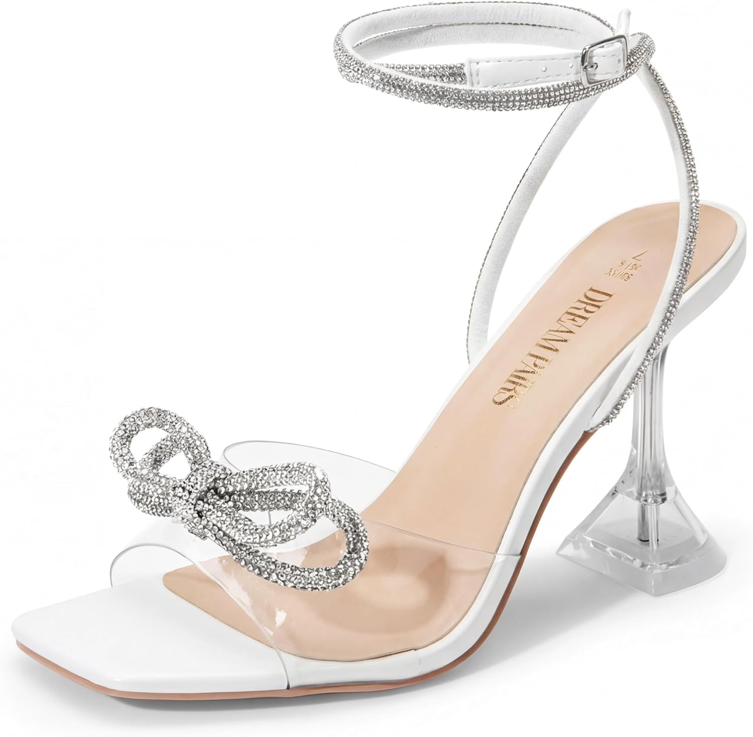 DREAM PAIRS Stiletto Bow Heels for Women Strappy Sparkly Rhinestone Square Toe Clear Crystal High Sandals for Party Wedding