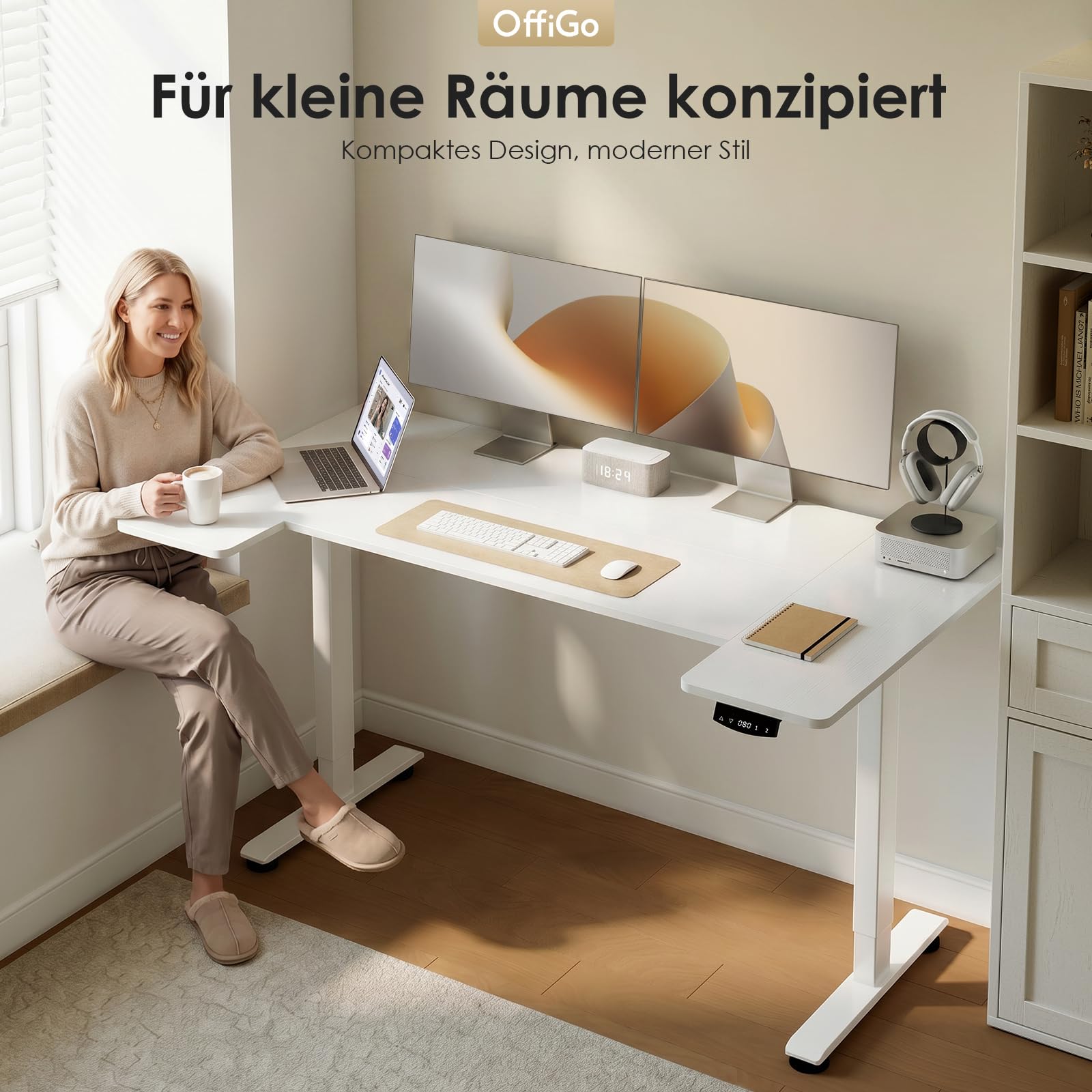 OffiGo U-förmiges Höhenverstellbarer Schreibtisch, 140 x70 cm, Elektrischer Steh-Sitz Tisch, Standing Desk, Home Office Computertisch, Memory Funktion, Leiser Motor, Weiß