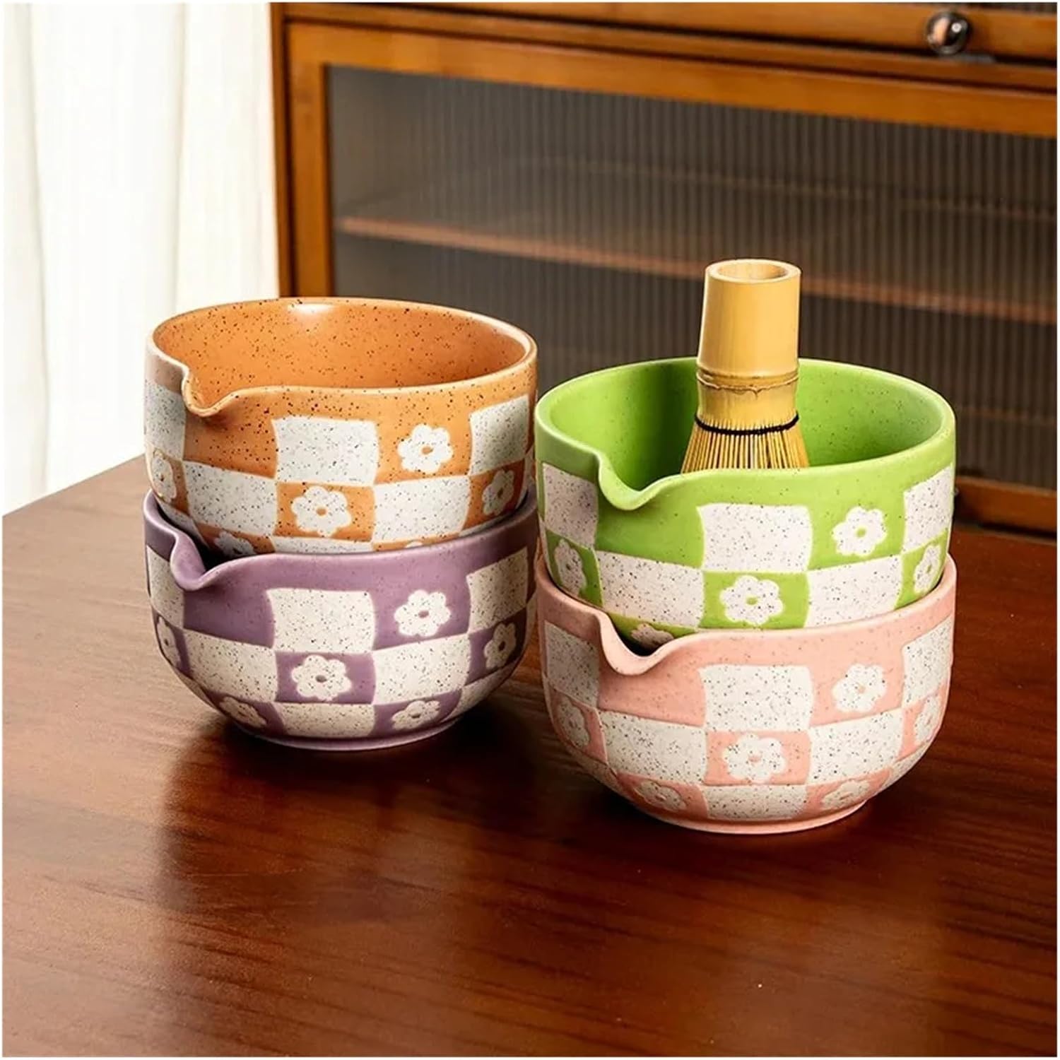 Ceramic Matcha Whisk Set With Checkered Flower Bowl Traditional Preparation Tool For Tea Ceremony(E)