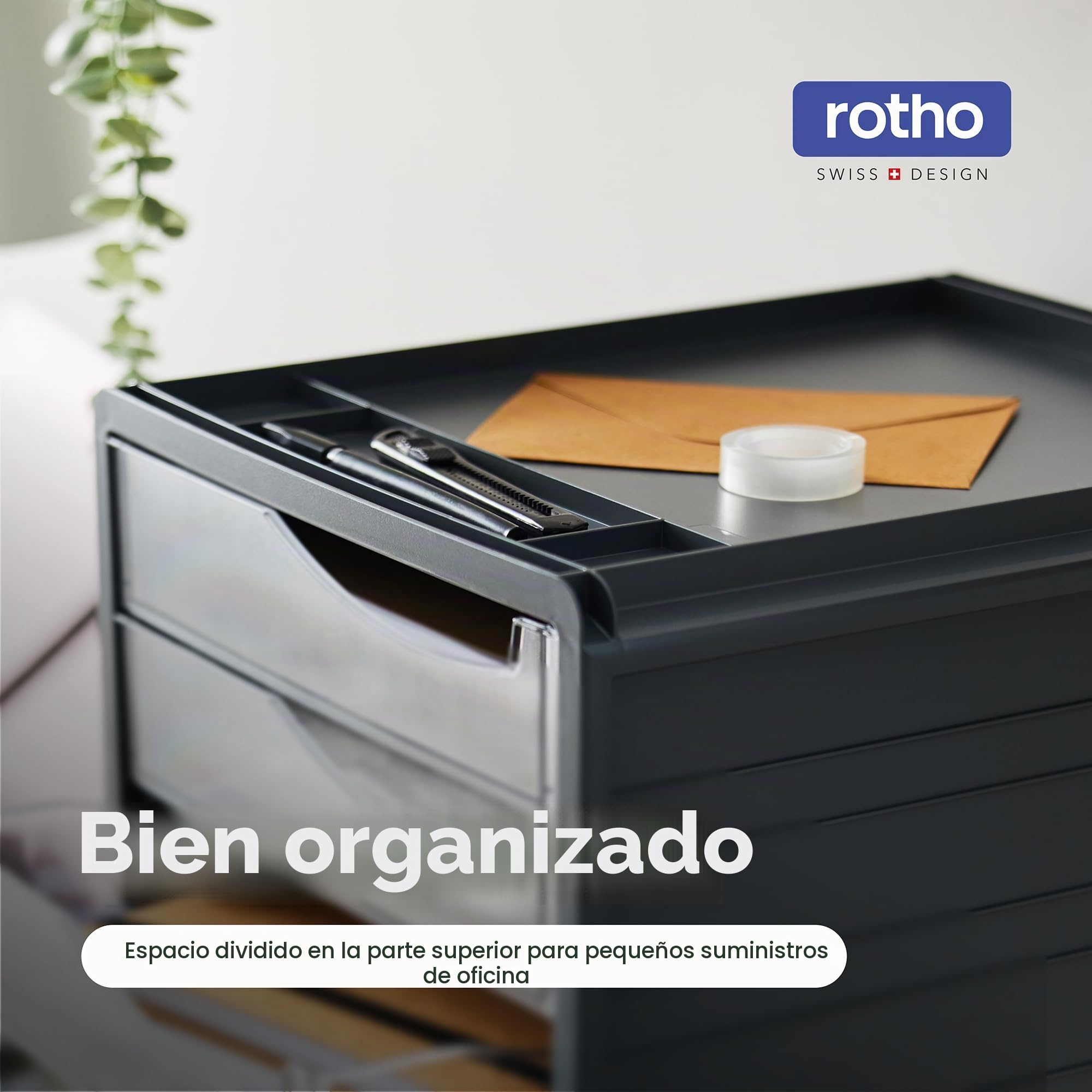Rotho Spacemaker - Cajón/Caja de Oficina con 5 Cajones, Plástico (PS) sin BPA, Transparente/Negro, 33.5 x 28.5 x 32.0 cm