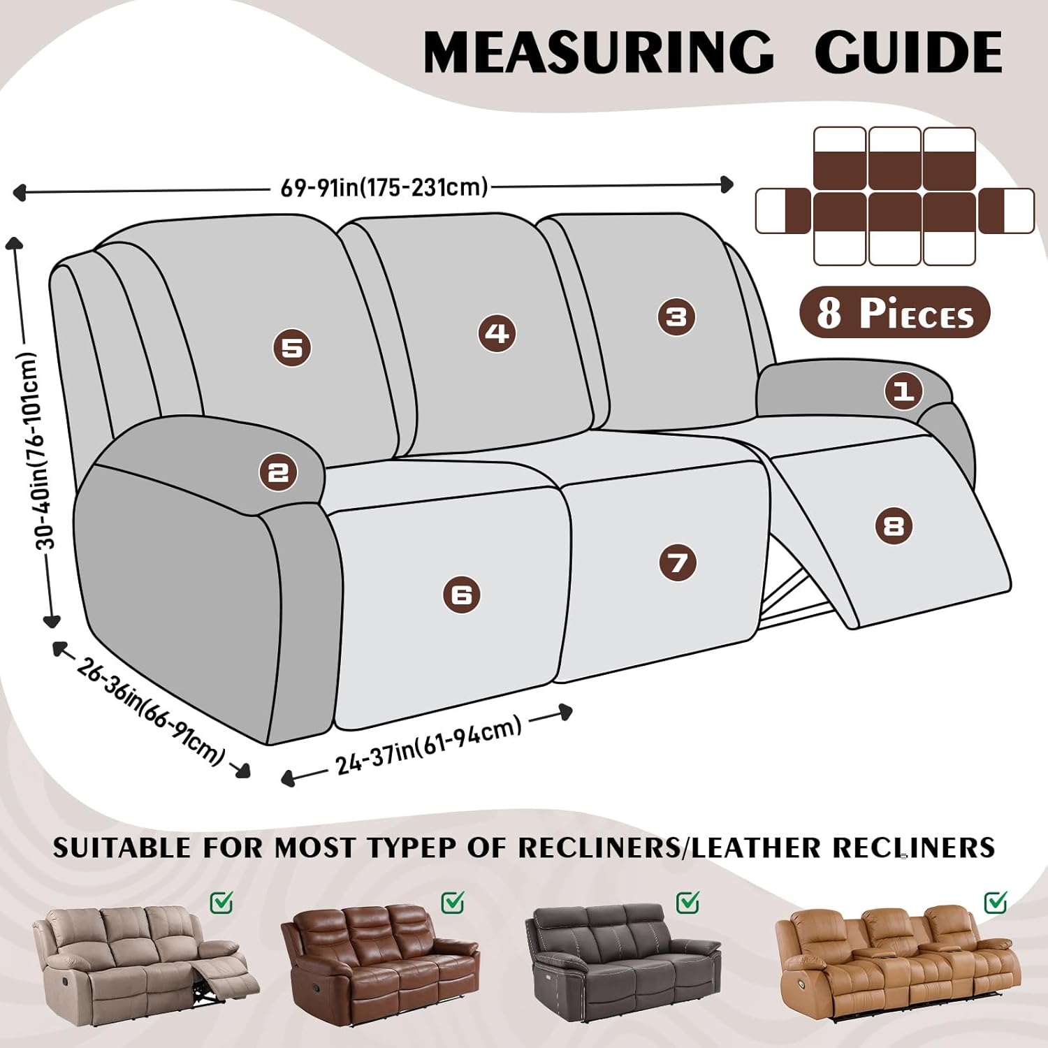 VANSOFY 8-Piece Stretch Recliner Sofa Covers, Non-Slip Zebra Stripe Recliner Couch Covers with Elastic Bottom, Washable Furniture Protector for Pet Kids Friendly (3 Seater, Chocolate)