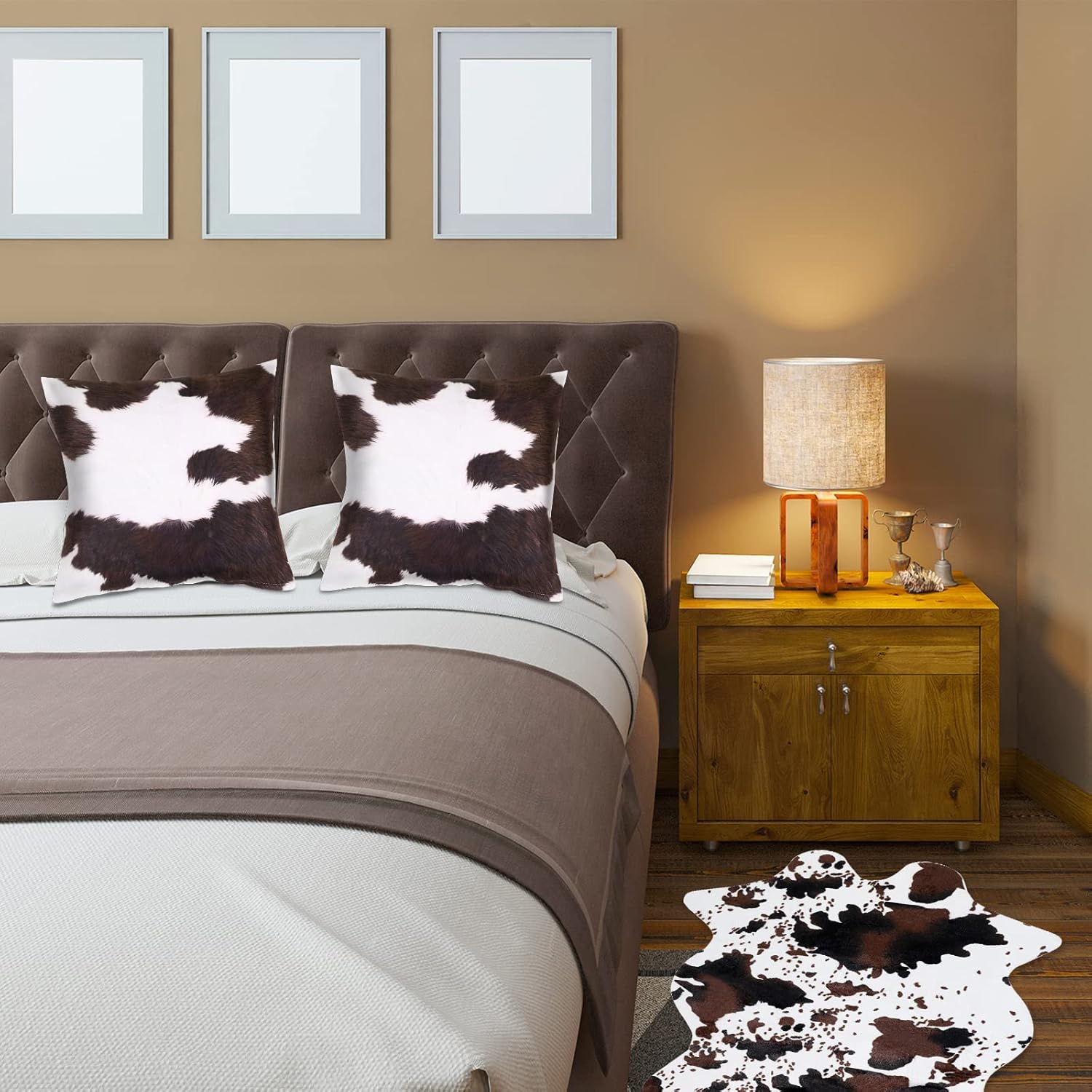 3 Pcs Cow Print Rug and Cowhide Pillowcase Set 3.6x2.5ft Faux Cowhide Area Carpet Faux Hide Rug Print Pillows for Living Room Bedroom Office Western Decor