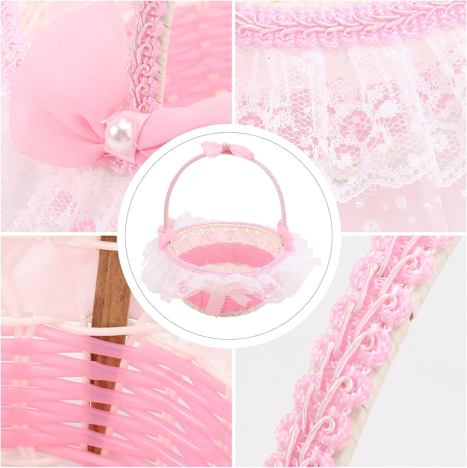 Flower Girl Basket,Rattan Basket,1pc Flower Girl Flower Basket Small Baskets Woven Flower Girl Basket Wicker Flower Basket Round Storage Basket Flower (Color : Pink)(Color:Pink)