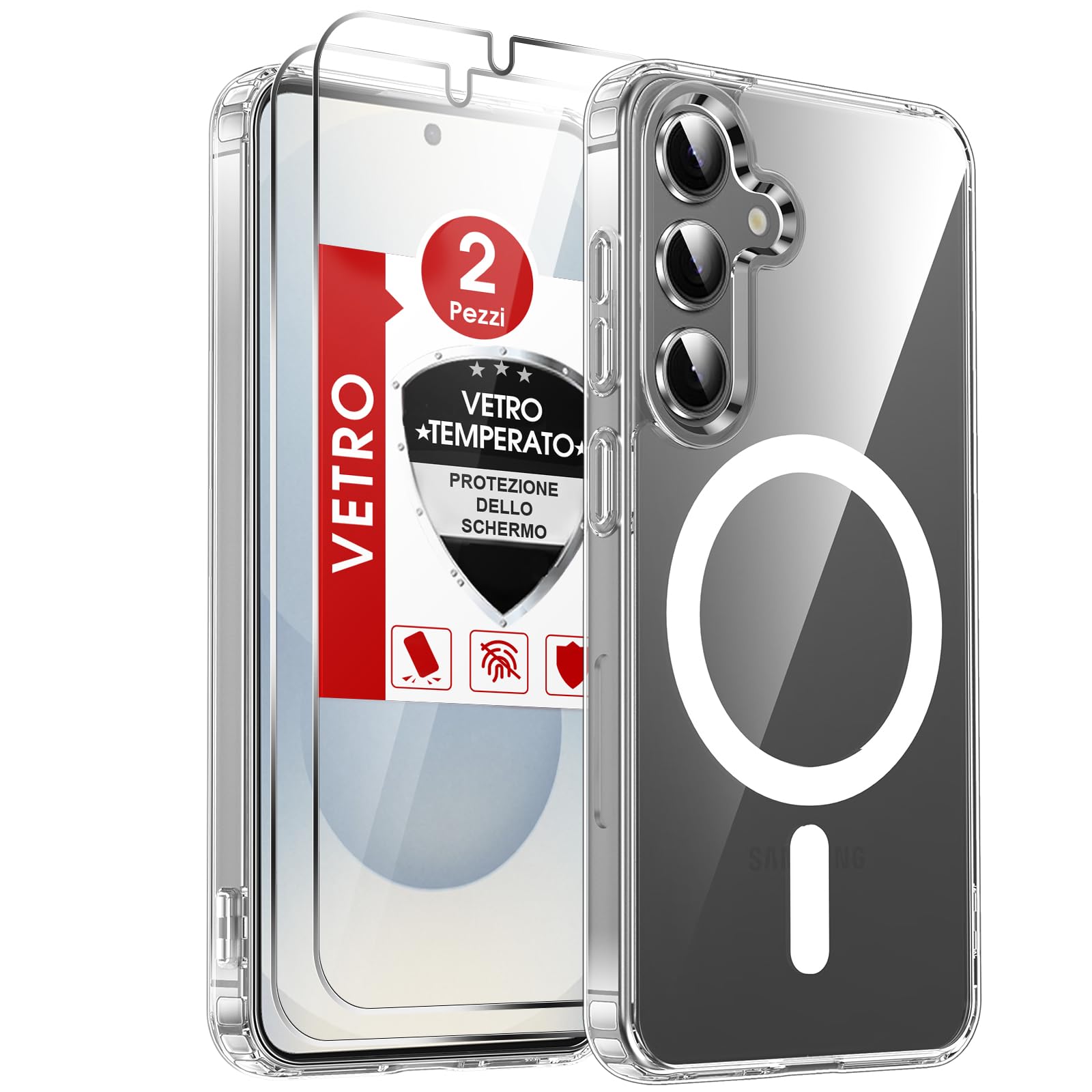 LeYi Cover Magnetica per Samsung Galaxy S25 5G Trasparente Custodia con Vetro Temperato, [Compatibile con MagSafe] Protezione Fotocamera TPU Bumper Originale Antiurto Protettiva Case per Samsung S 25
