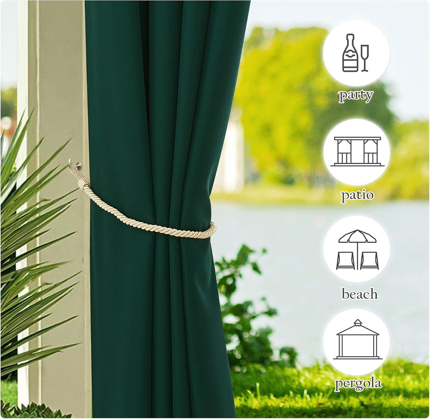 NICETOWN 2 Panels Patio Outdoor Curtains 95 inch Length, Home Fashion Silver Stainless Steel Grommet Indoor Outdoor Privacy Drapes for Terrace, Hunter Green, W55 x L95