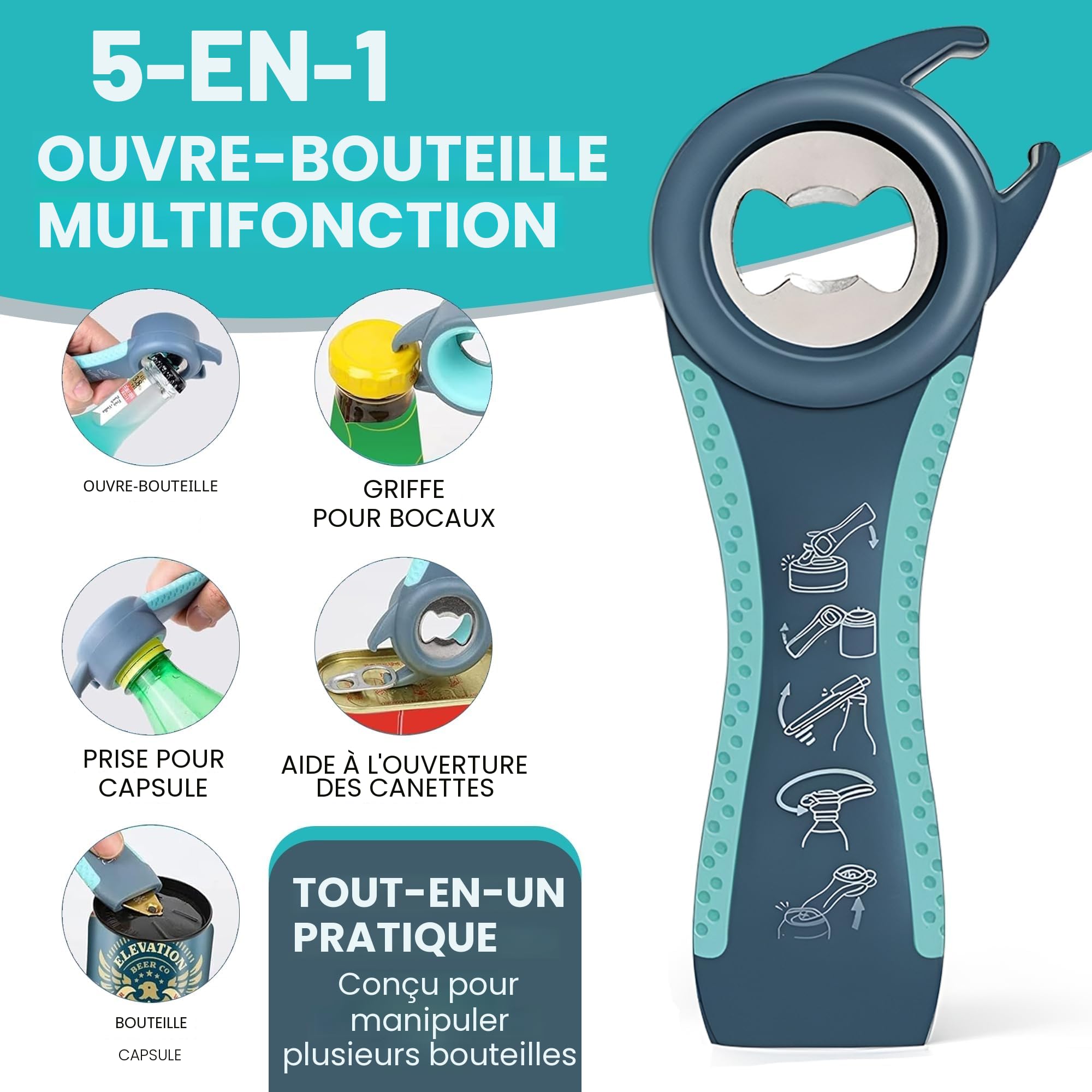 Ouvre-bocal multifonction 5 en 1 avec caoutchouc antidérapant pour mains faibles et arthritiques