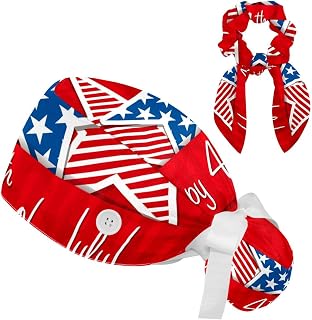 FVQL 2 Pieces Surgical Cap for Long Hair Scrub Cap with Hairband Nurse Cap, Happy 4th of July Pattern