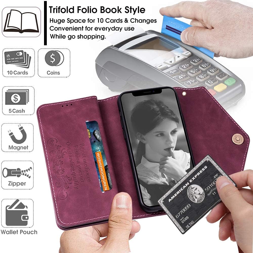iPhone 12 Crossbody Wallet Case,iPhone 12 Pro 6.1" Wallet Case for Women,Auker 9 Card Holder Wristlet Zipper Purse Clutch Case with Shoulder Strap Flip Stand Magnetic Slim Pocket Wallet Case Hand Bag