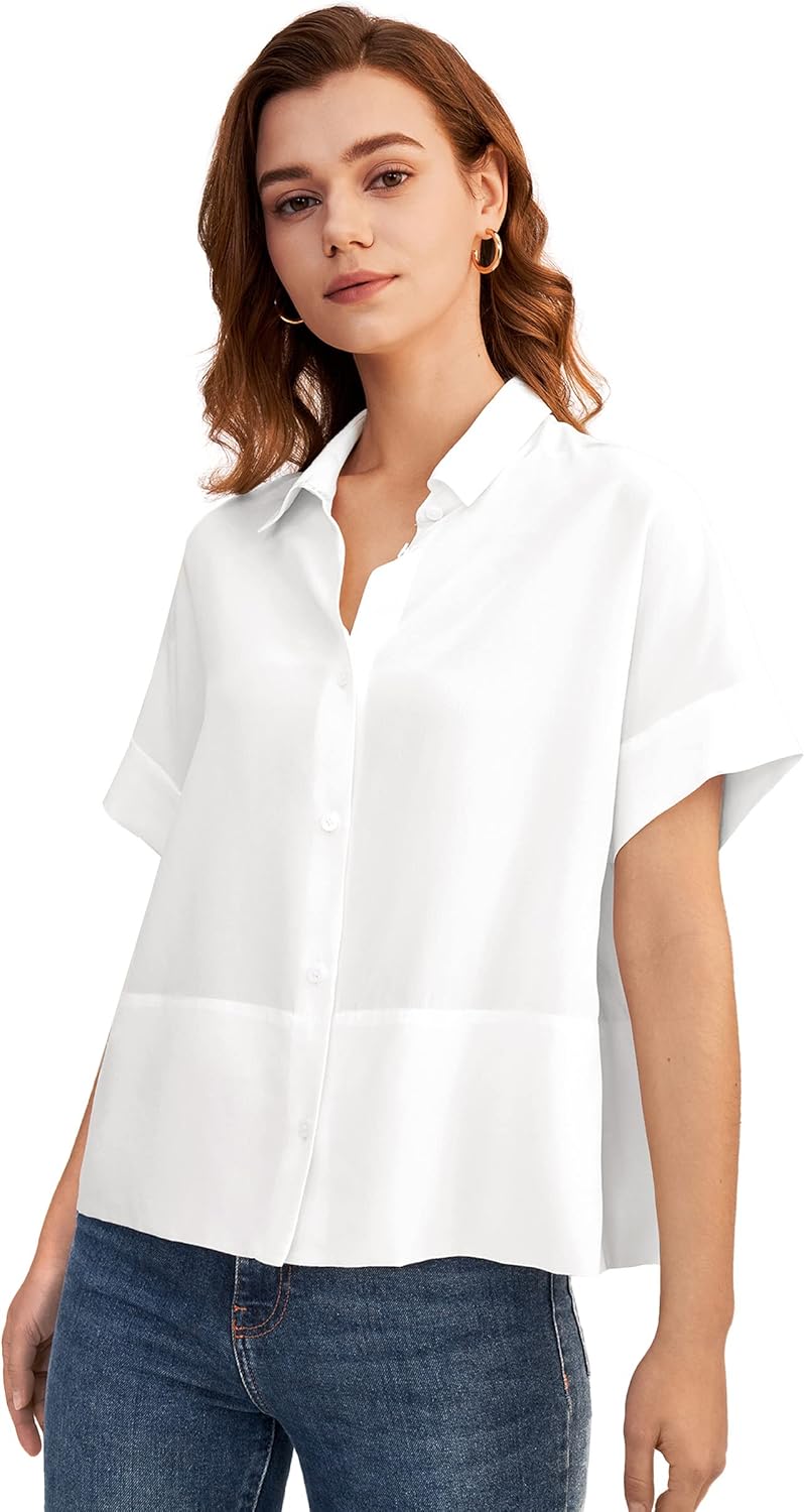 LilySilk 100% Silk Shirts for Women Short Sleeve Silk Tops Summer Button Down Casual Loose T-Shirt