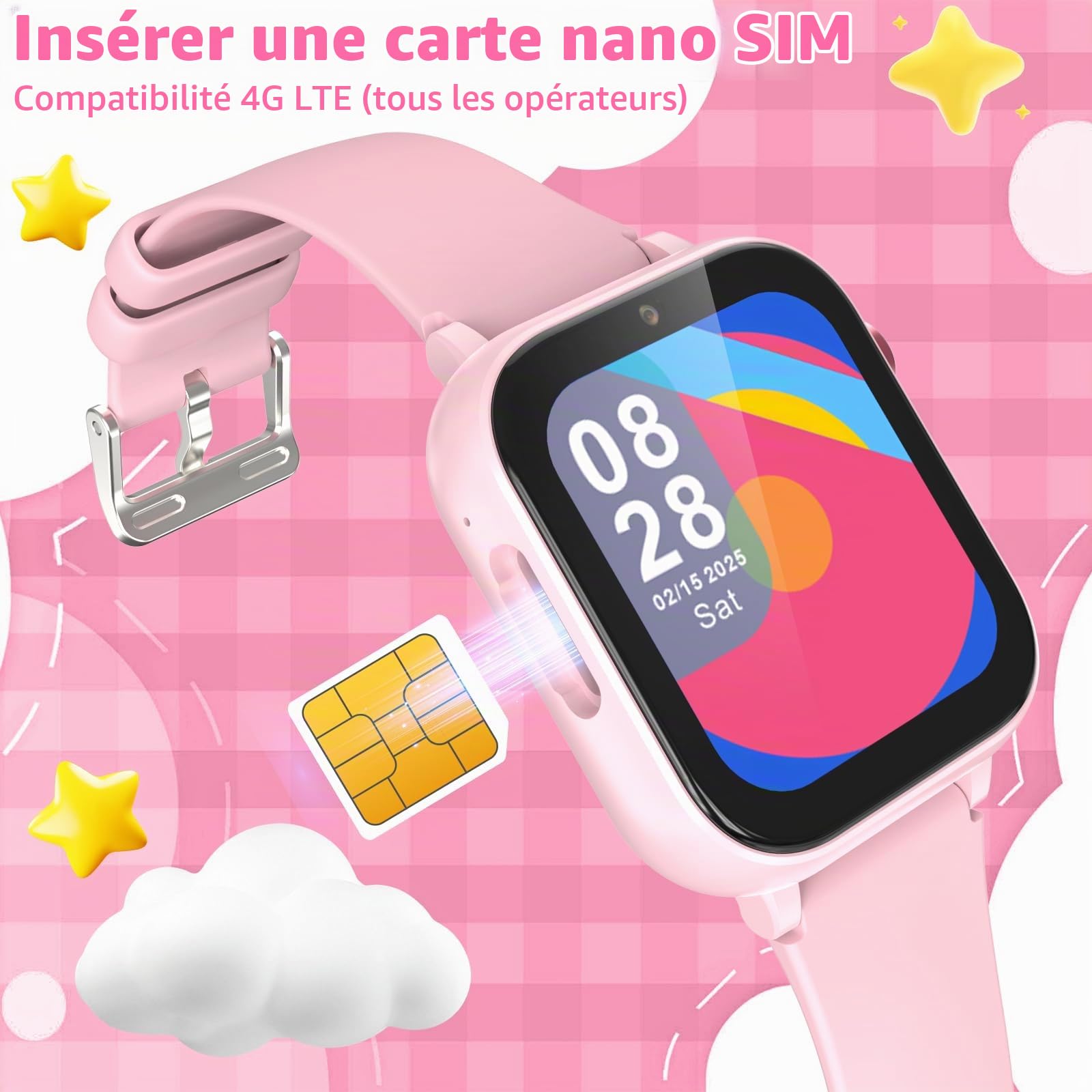 Montre connectée 4G pour Enfants avec Fonction d'appel Vocal, Montre-téléphone, Montre pour Enfants avec Appareil Photo Jeux réveil écran Tactile Fonction Appel étanche IPX7