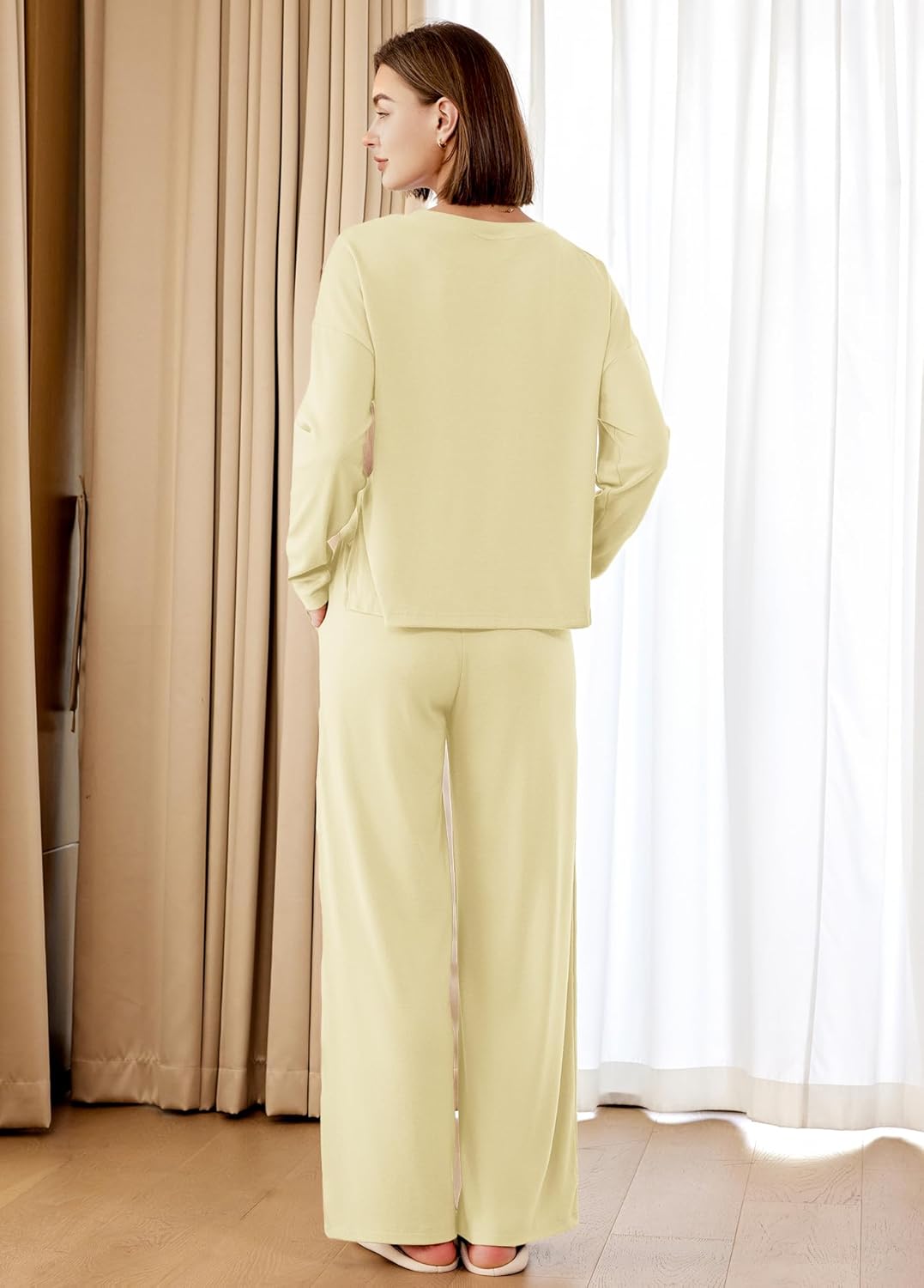 Panadila Womens Oversized Lounge Sets 2 Piece Matching Pajama Sets Long Sleeve Crop Top and Wide Leg Pants with Pockets - Image 5