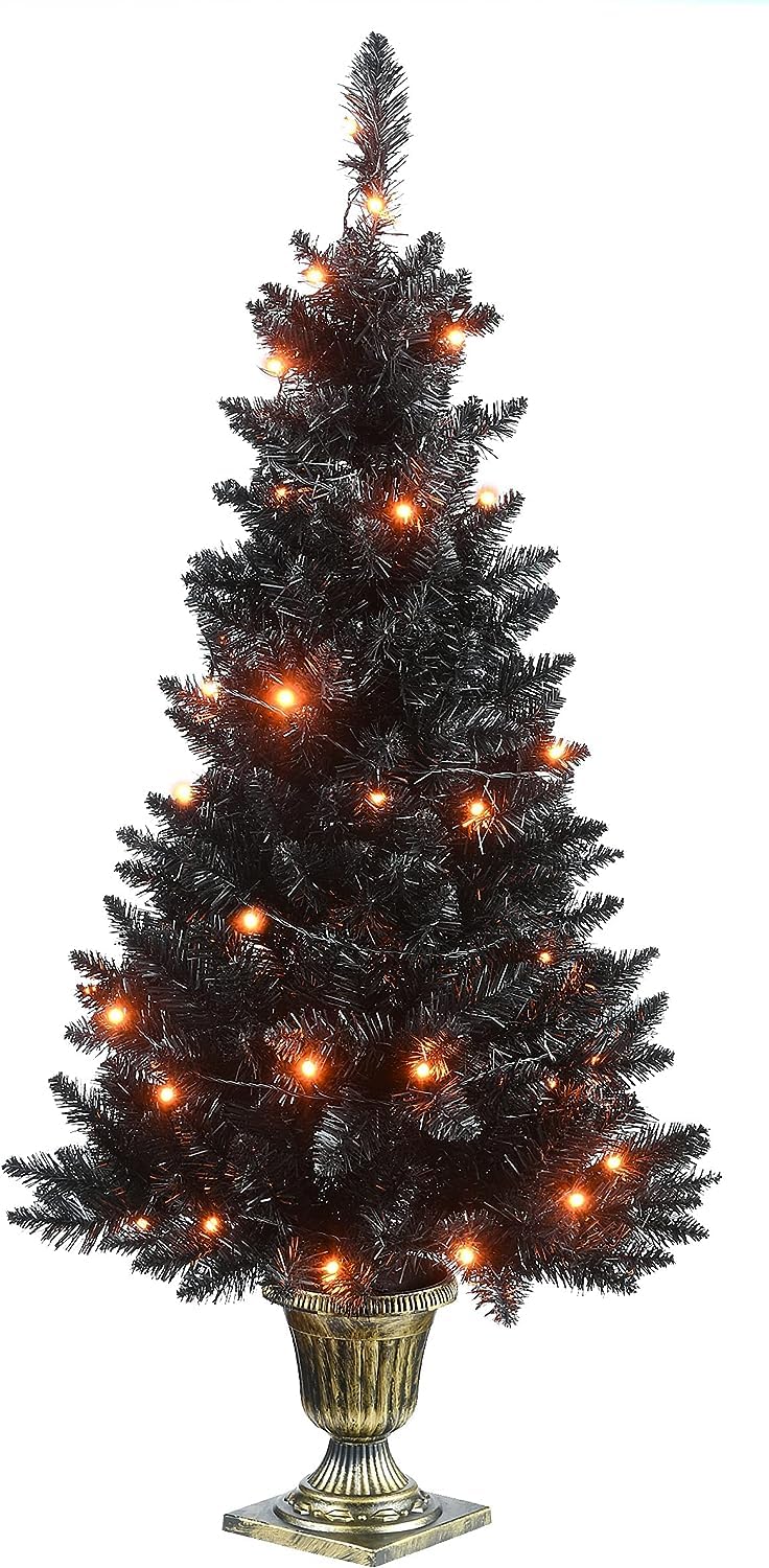 4 ft. Black Entrance Tree with String of Orange Lights (Used)