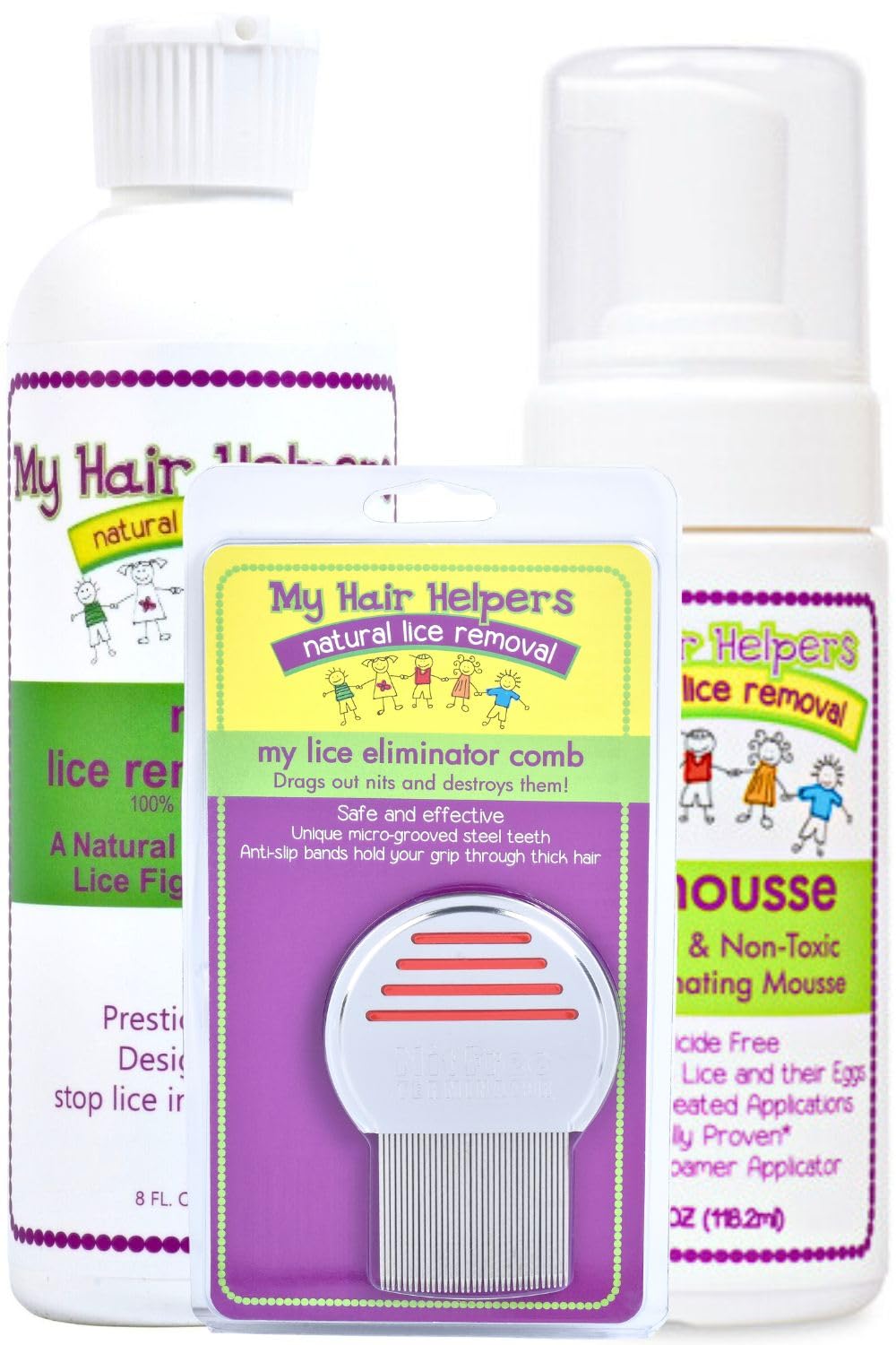 My Hair Helpers Lice Kit with 8 Ounces Dimethicone Oil, 4 Ounces Mousse Enzymes, and Nit Comb - Works on 1-2 Kids