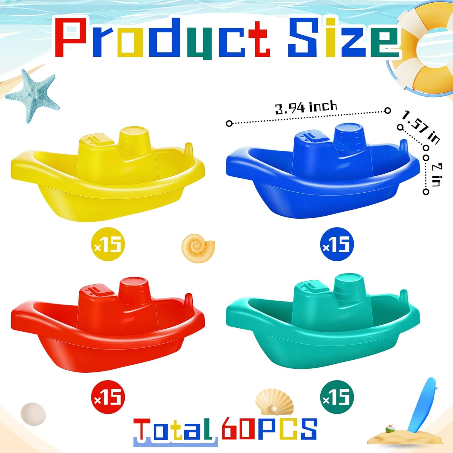 Woanger 60 Pcs Little Boat Bath Toys Stackable Floating Plastic Toys for Baby and Toddler Summer Pool and Bathtub Party, Vibrant, 4 Colors (Colorful)