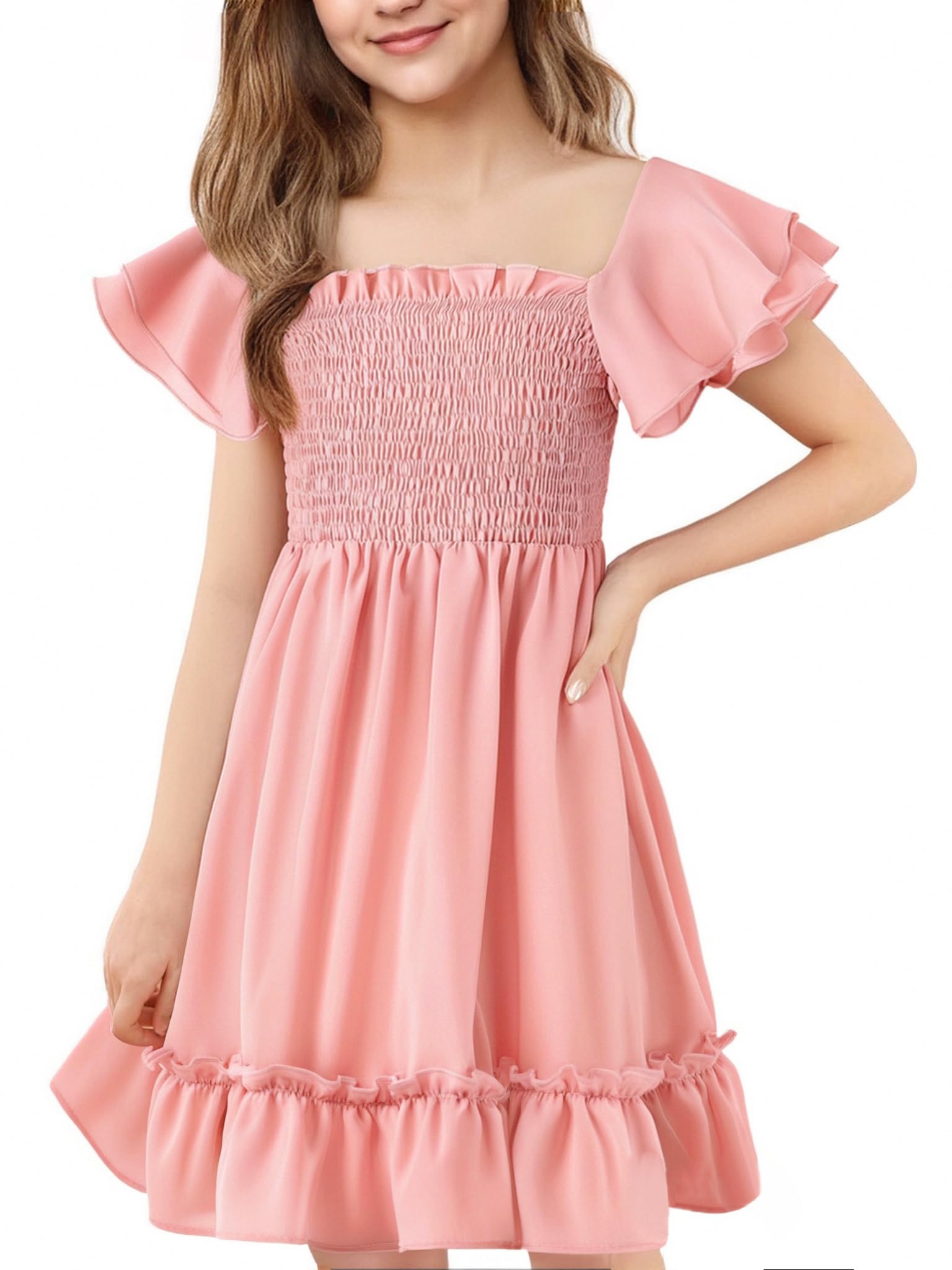 HvididanGirls Summer Dress Cute Double Layer Ruffle Sleeve Smocked Off Shoulder Dresses 5-14 Years
