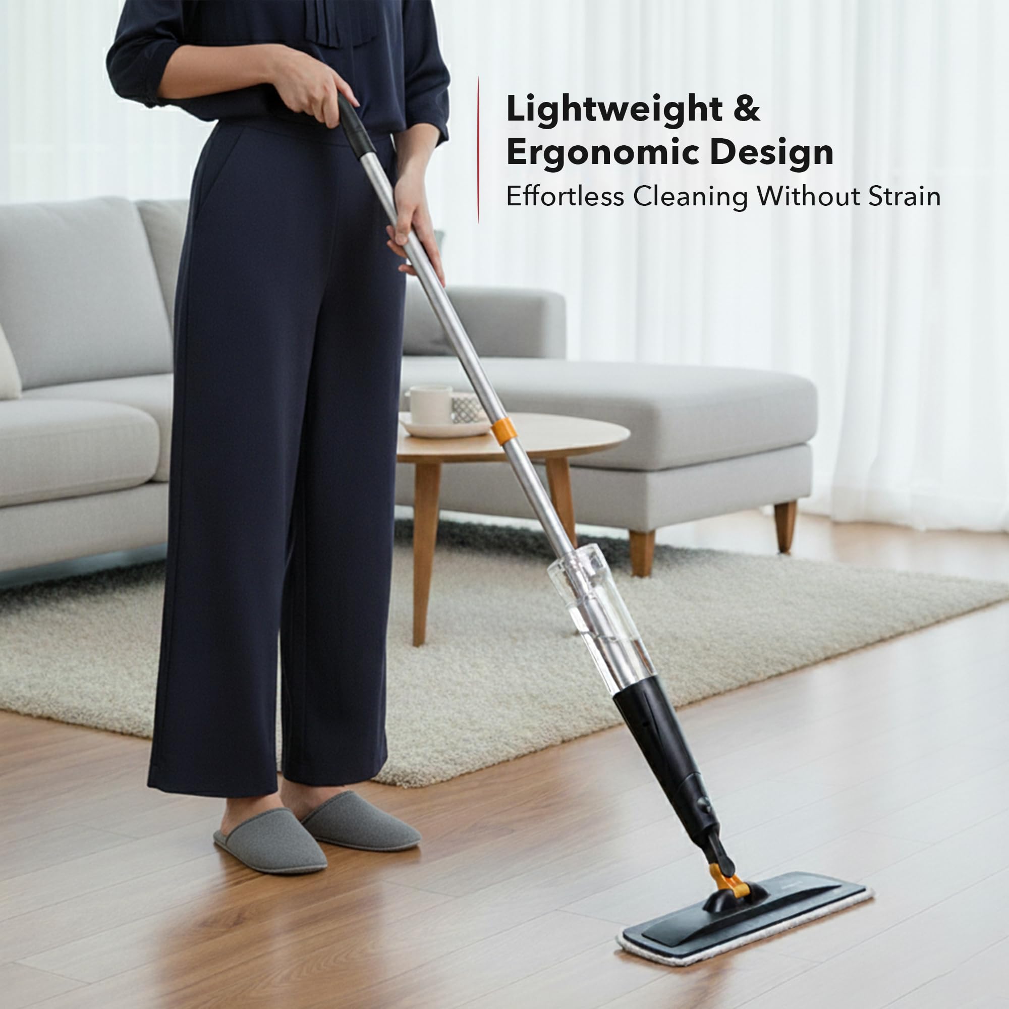 OVENTE Fregona pulverizadora de Microfibra para Limpieza de Suelos con Botella Recargable, Almohadilla Lavable y Reutilizable, Limpiador húmedo inalámbrico de Giro de 360° para Madera Dura, cerámica
