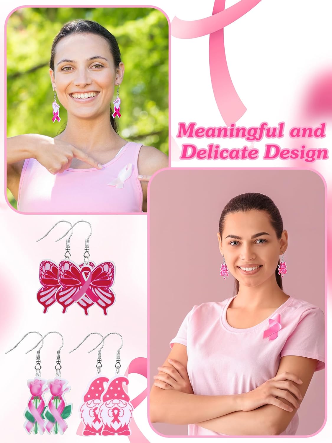 Ecally 20 Pairs Breast Cancer Awareness Earrings Pink Ribbon Acrylic Lightweight Handmade Pink Earrings for Women Breast Cancer Holiday Accessories - Image 6