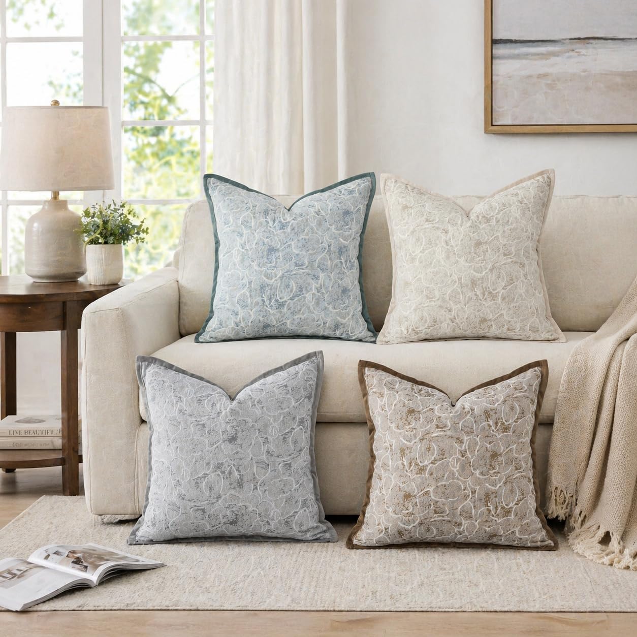 2 Pack Beige Yellow Rose Floral Pillow Covers 18x18 Inches Vintage Chenille Throw Pillow Covers with Single Sided Rose Print Soft Farmhouse Decorative Cushion Covers for Couch Sofa Living Room