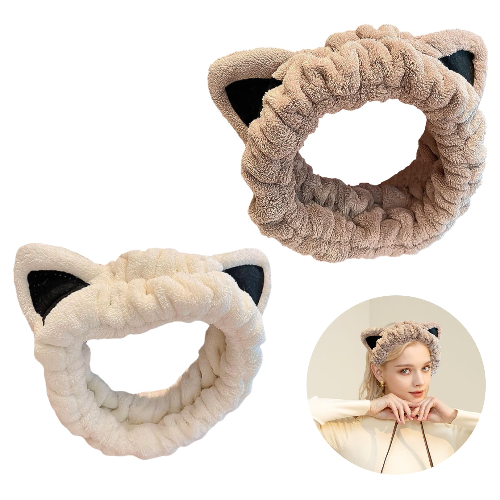 2pezzi Fascia Per Capelli Orecchie Di Gatto Per Lavaggio