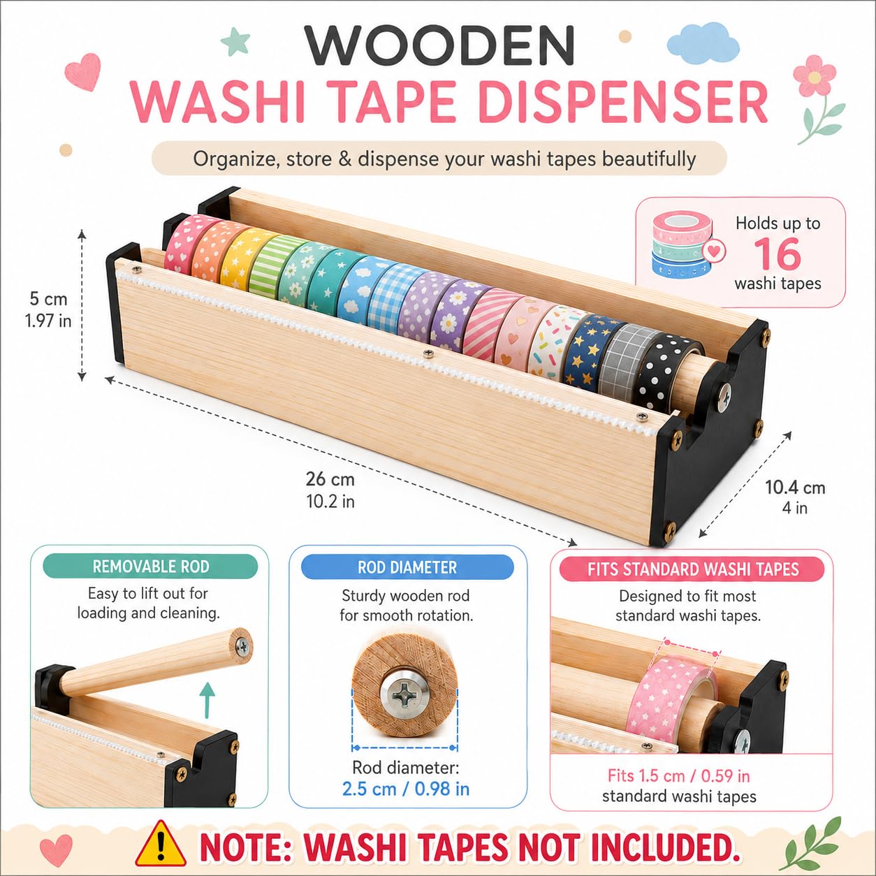 Dispenser di nastro adesivo Washi in legno con taglierino, supporto organizer per artigianato per bambini
