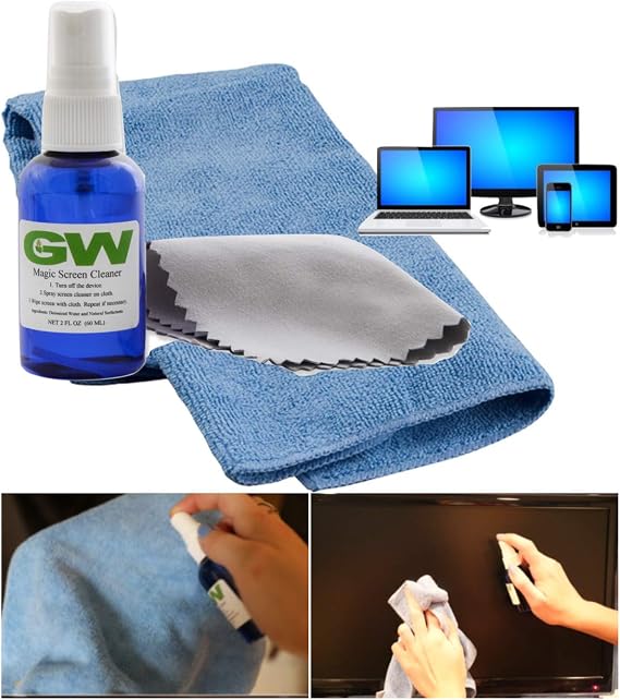 GW Magic Screen Cleaner Kit - Best for All HDTVs, 4K Ultra HD, Smart LED TV, Touch Screens, Kindle, Tablets, Laptops, Samsung, LG, Sony, Vizio with Spray Bottle and Microfiber Cloths