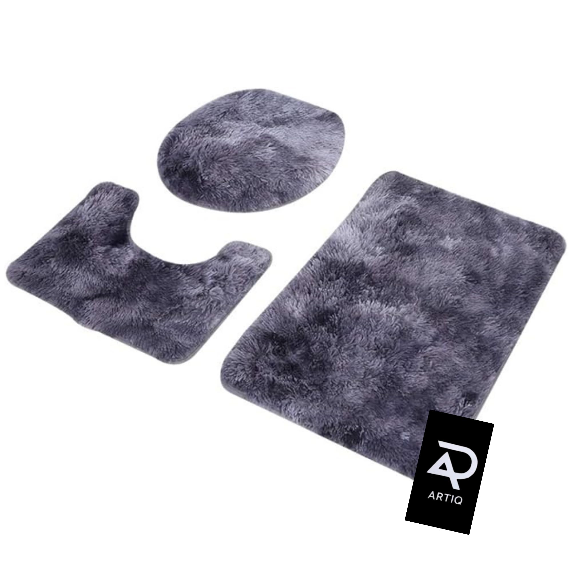 ARTIQ 3Pcs Luxurious Bathroom Rug Set, Toilet Bath Mat Set Toilet Lid Cover Floor Mats, Microfiber Floor Mats Bathtub Side, Non-Slip & U-Shaped Mats, Water Absorbent Bath Rugs (Black)