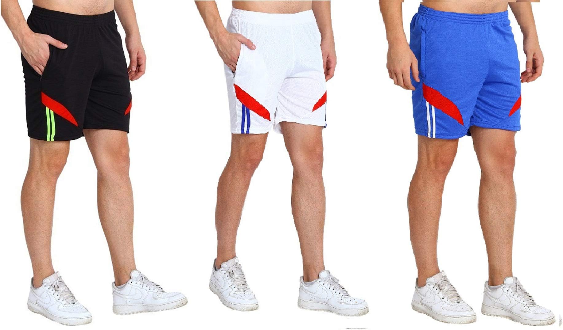 00RA WITH AS LOGOUnisex (Pack of 3) Sports Shorts Zip Pockets (Black, Red, Darkblue Free Size 26 to 36 inch Waist)
