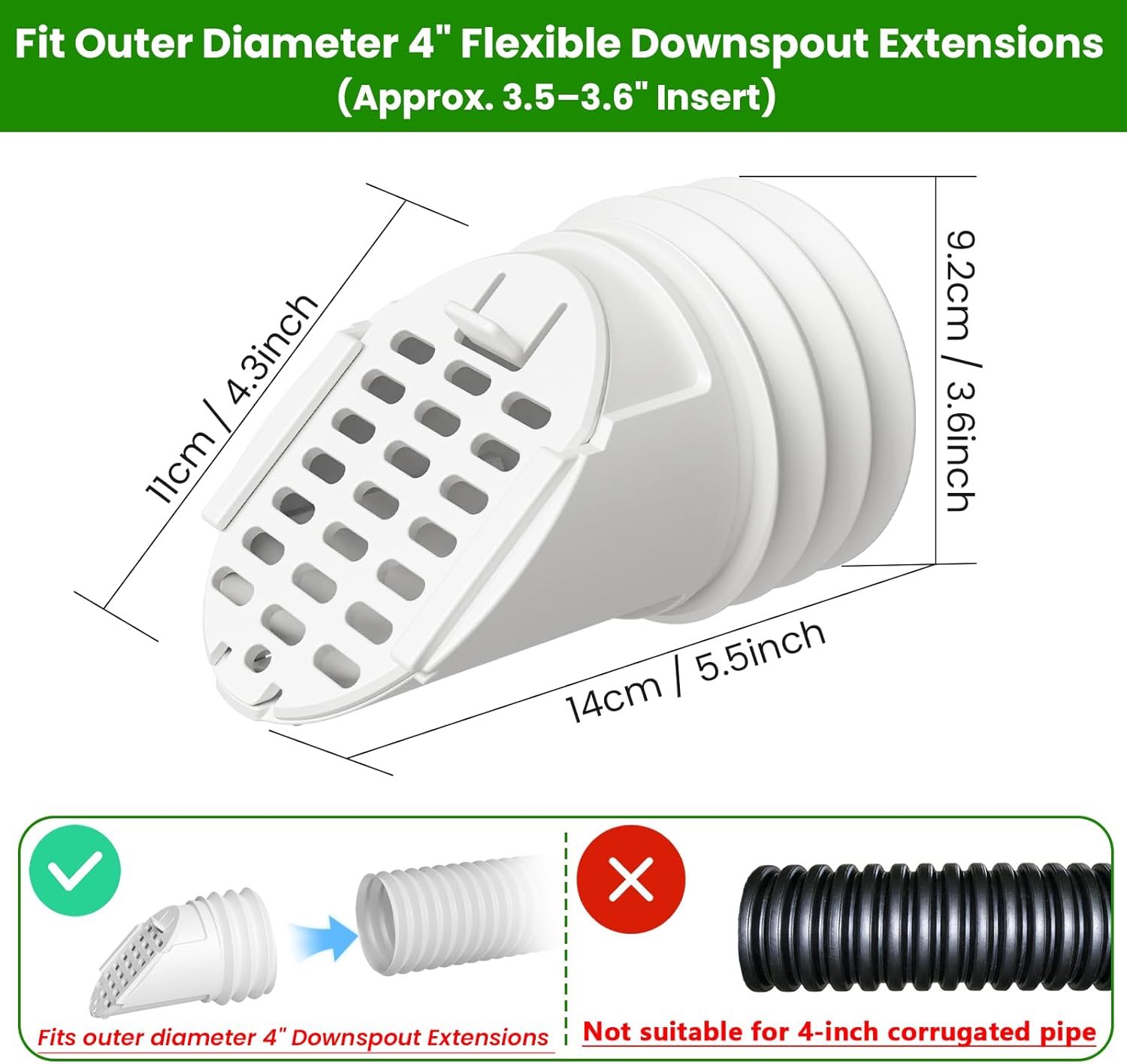 2-Pack Downspout Rodent Guard, Twist-in Insert Fits Outer Diameter 4" Flexible Downspout Extensions Pipes, Gutter Downspout Extension Hose Guard (White (2-Pack))