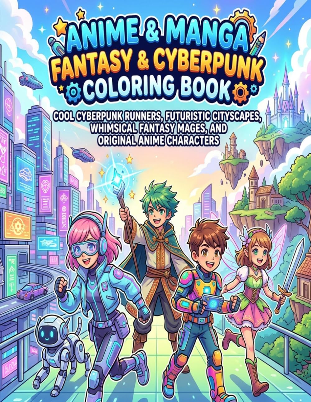 Anime and Manga Fantasy and Cyberpunk Coloring Book: Cool Cyberpunk Runners, Futuristic Cityscapes, Whimsical Fantasy Mages, and Original Anime Characters