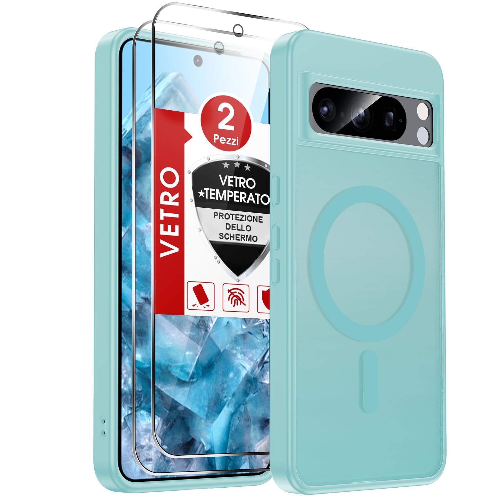 LeYi Cover Magnetica per Google Pixel 8 Pro con (Verde chiaro) | Custodia per Pixel 8Pro con Vetro Temperato Traslucida Opaca Anti-Impronte Resistente Antigraffi TPU Antiurto Protettiva Case