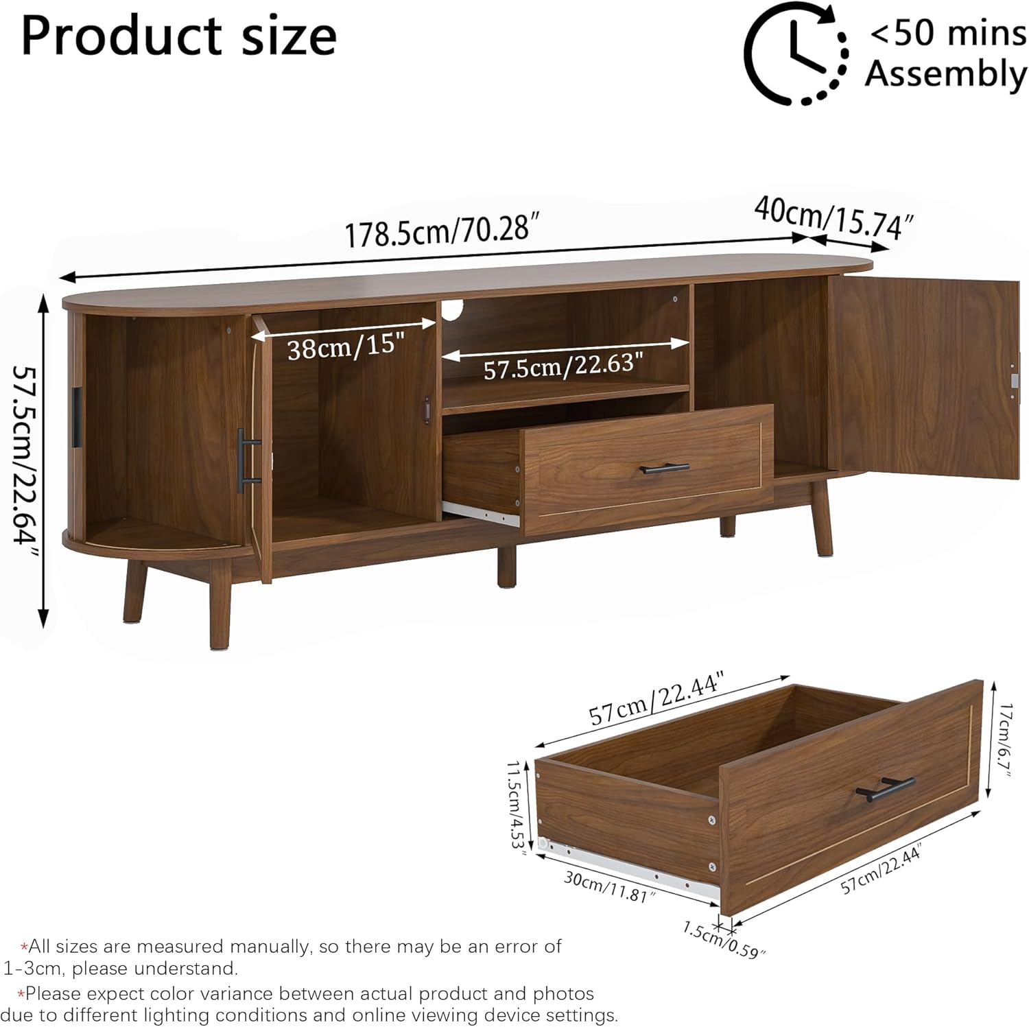 Diagram showing the full dimensions of the Mxtxmy 70 inch TV stand, including overall length, depth, height, and internal drawer and shelf measurements.