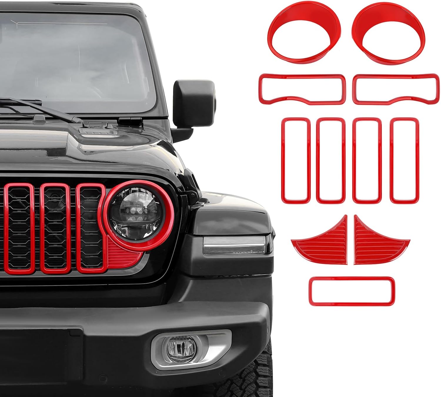 Front Grille Grill Insert+Headlight Turn Light Cover Trim Compatible with 2024-2026+ Jeep Wrangler JL JLU & Gladiator JT Exterior Accessories,Not Fit for JL Sport & Sports (Red)