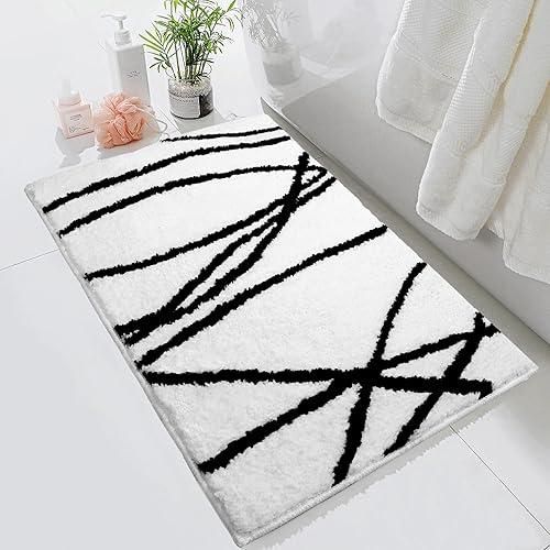 Tititex Alfombra de baño de lujo de línea curva blanca y negra, 24 x 36 pulgadas, alfombra de baño de microfibra extra suave y absorbente, alfombra
