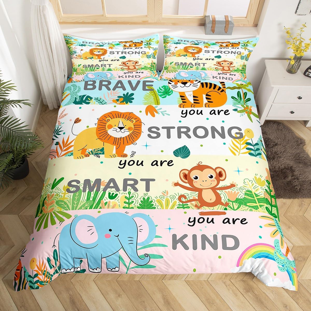 jejeloiu Cute Animals Bedding Set Toddler Size Kids Elephant Giraffe Crocodile Lion Comforter Cover Set for Boys Girls Teens Kawaii Zoo Duvet Cover, 1x Duvet Cover+1x Pillow Sham