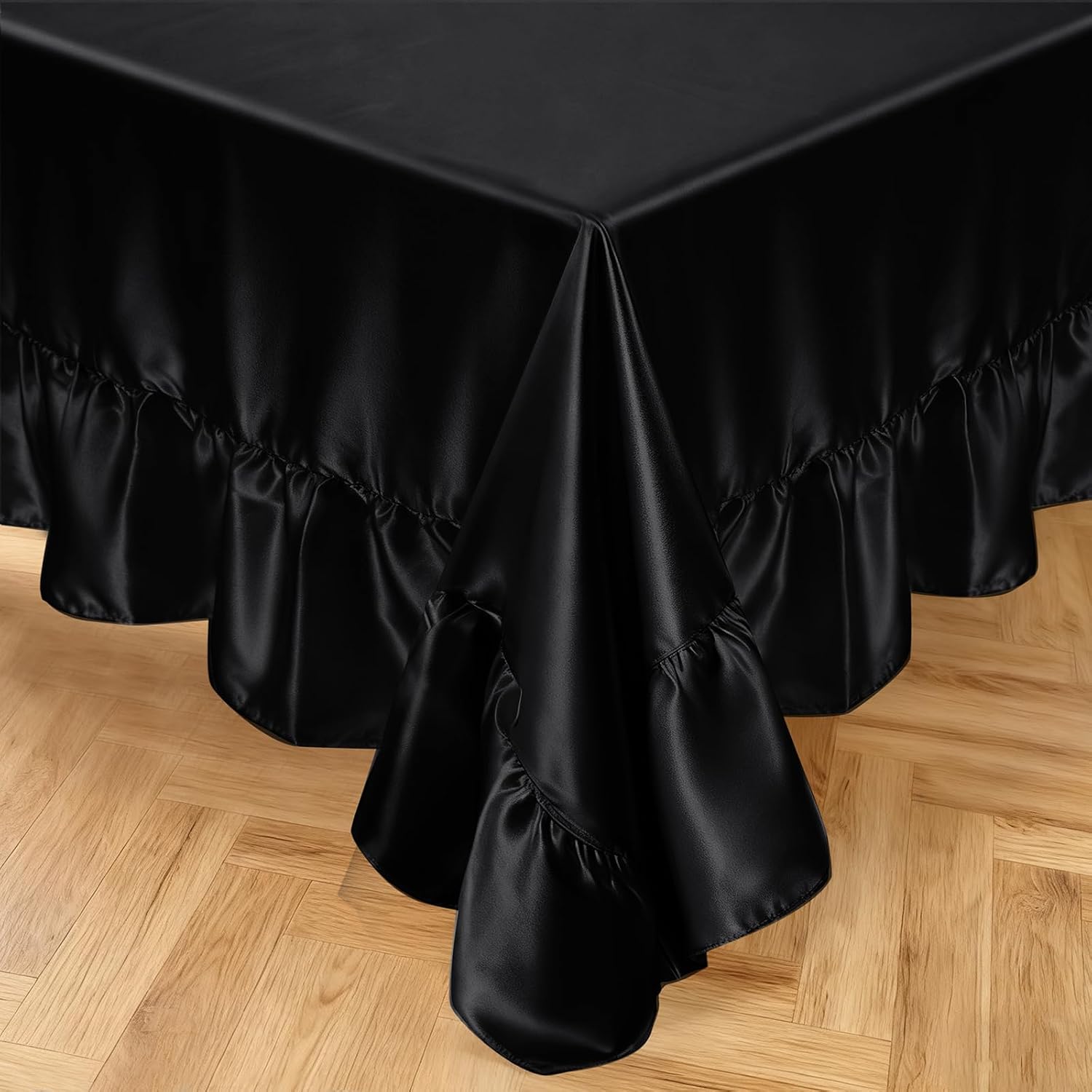 2 Pack Ruffle Tablecloth 60" x 102",Black Satin Tablecloth Rectangle Silky Table Cloth Table Cover,Scalloped Table Cloth for Kitchen Dining and Weddings