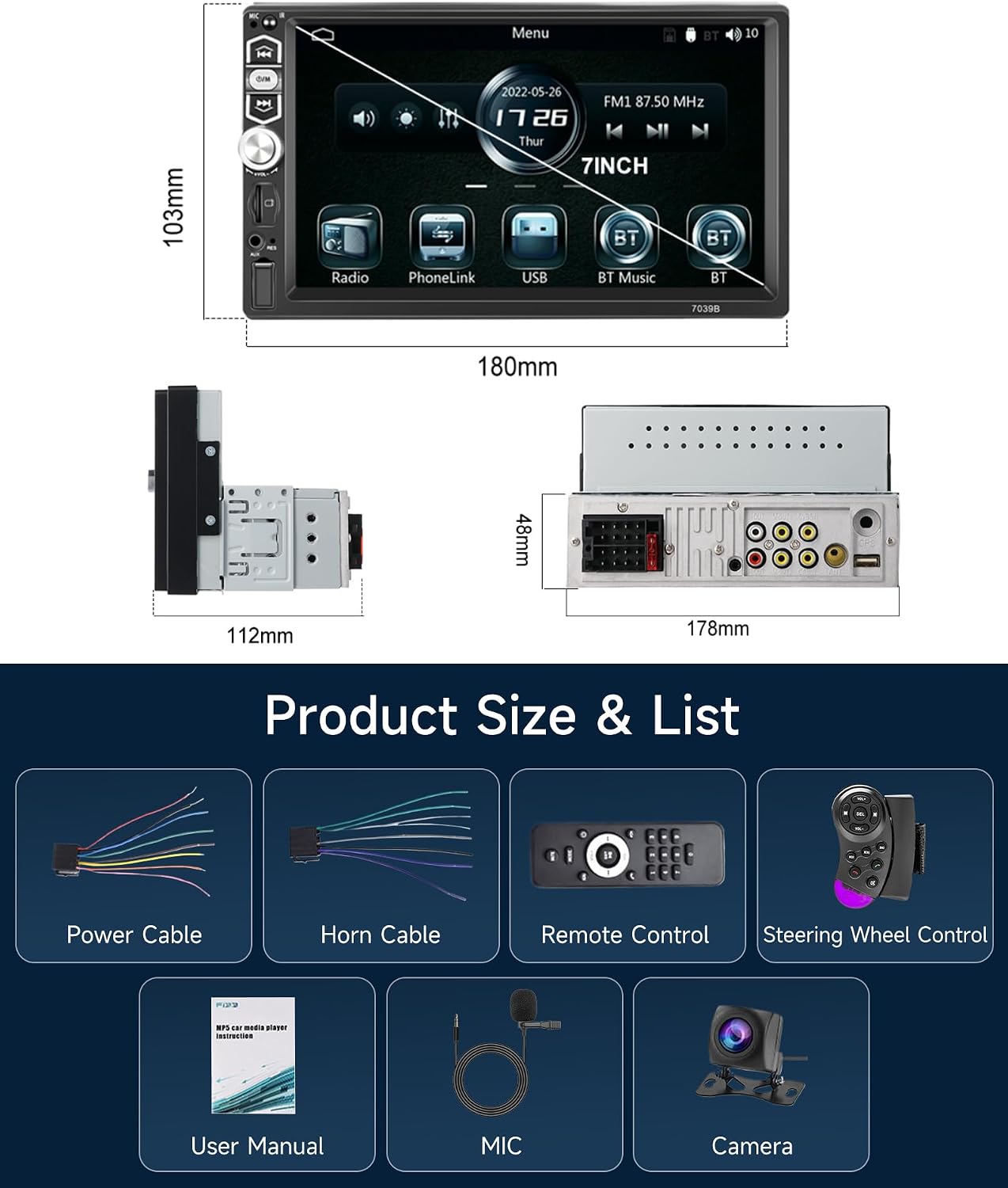 Wiring diagram for the Rimoody 1-DIN Carplay Autoradio, showing connections for power, speakers, video input/output, and other accessories.