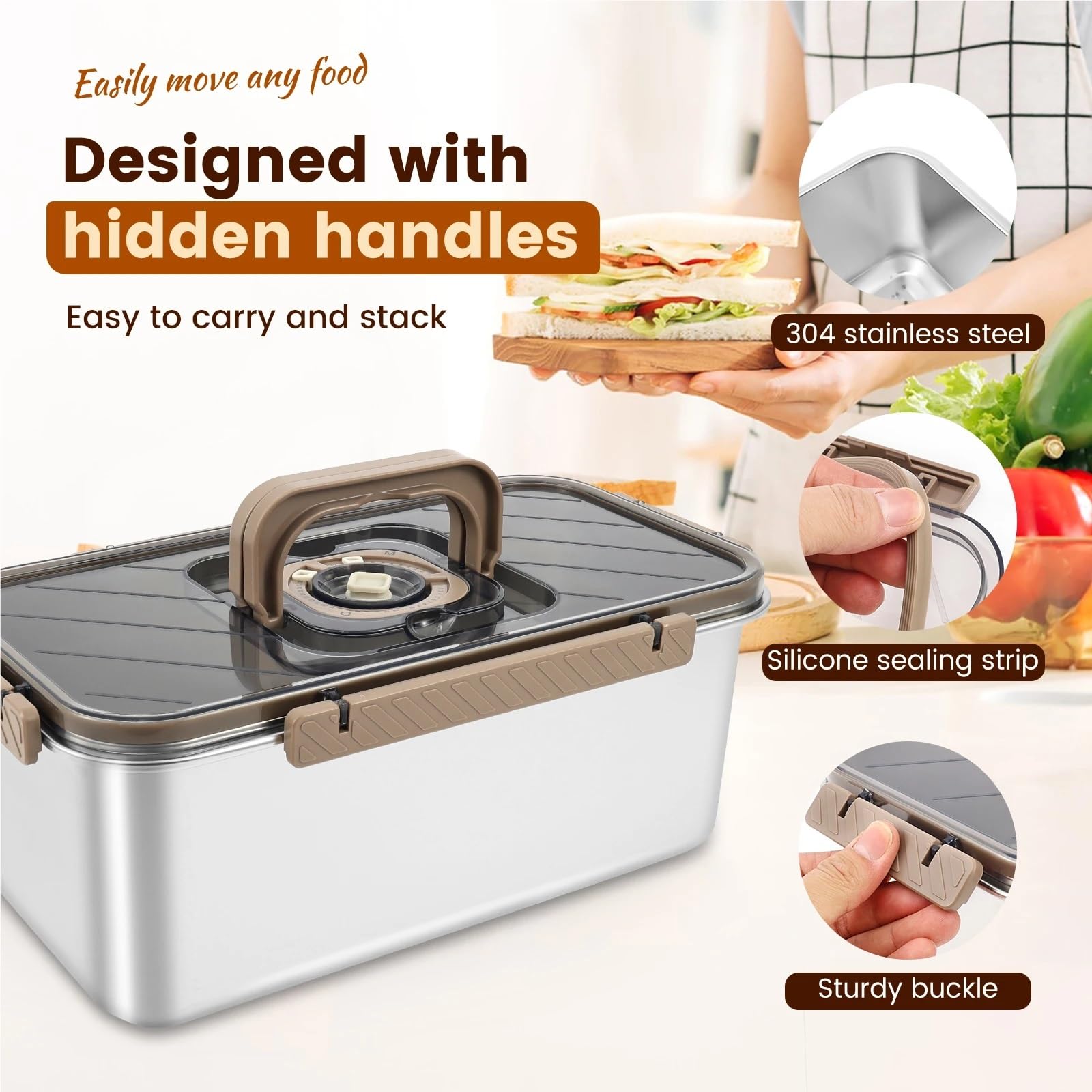 Scatola for pane in acciaio inossidabile da 5,8 litri con maniglia Registrazione del tempo Contenitori sigillati for alimenti Contenitore for pranzo cucina a buffet per Pane