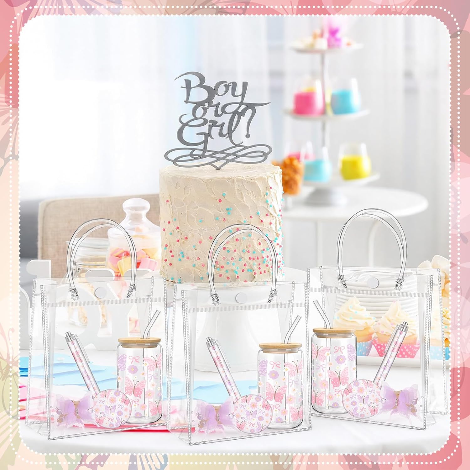 6 Set Baby Shower Game Prizes for Guest Player Winners Butterfly 17 oz Tumblers with Lids Straws Butterfly Mirrors Ballpoint Hair Clips Gift Bags for Bridal Shower Wedding Party