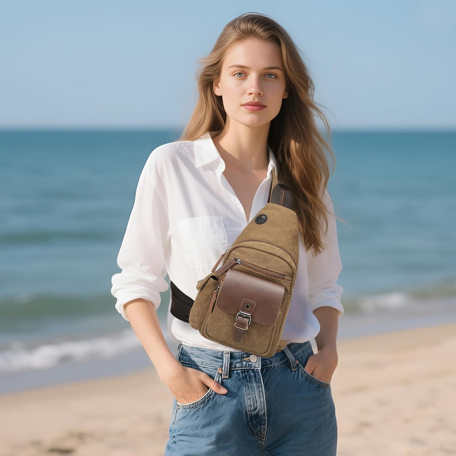 Canvas Sling Bag for Women Men, Crossbody Backpack Vintage, Shoulder Bag W/Leather Accents for Outdoor Cycling Hiking Travel, Coffee - Image 2