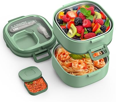PEDECO Double-Layer Bento Lunch Box for Kids & Adults with Removable Stainless Steel Dividers,Dressing Container,BPA-Free,Dishwasher Safe - Includes Utensil,Green,Non-Insulated