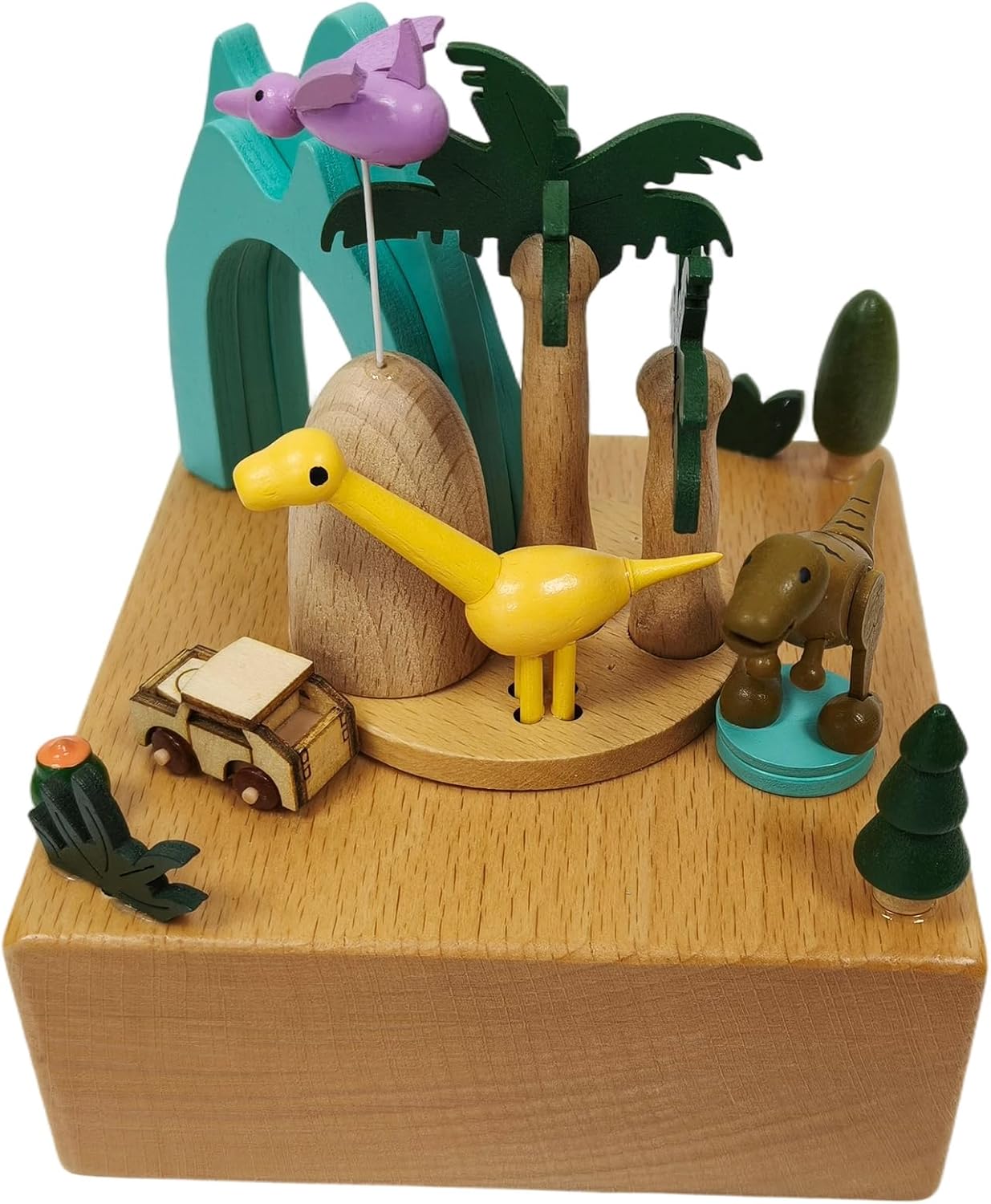 Wooden Jurassic Dinosaurs Music Box - Moving Car & Dinosaur, Mechanical Musical Box, Gift for Dinosaur Lovers and Music Box Enthusiasts, Unique Desk Decoration