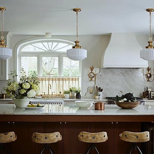 Miniatura 7 de Lámpara colgante de vidrio de leche de latón vintage, candelabro de vidrio plisado blanco de 13.8 pulgadas, luces colgantes antiguas, para